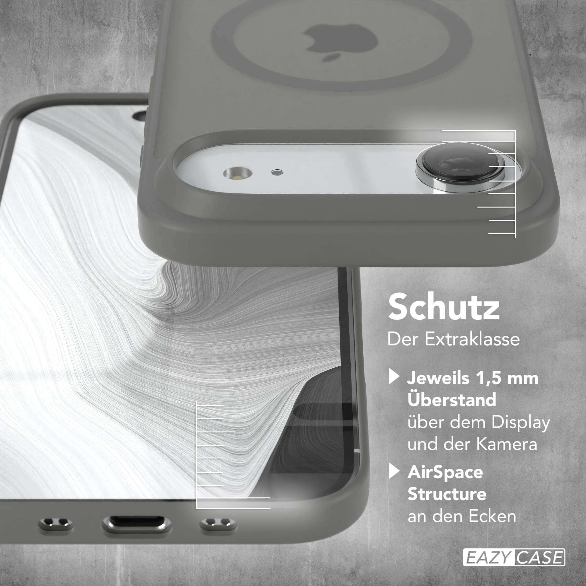 Eine Handyhülle mit grauer Oberfläche. Die Hülle hat einen Kameraausschnitt und das Apple-Logo ist sichtbar.