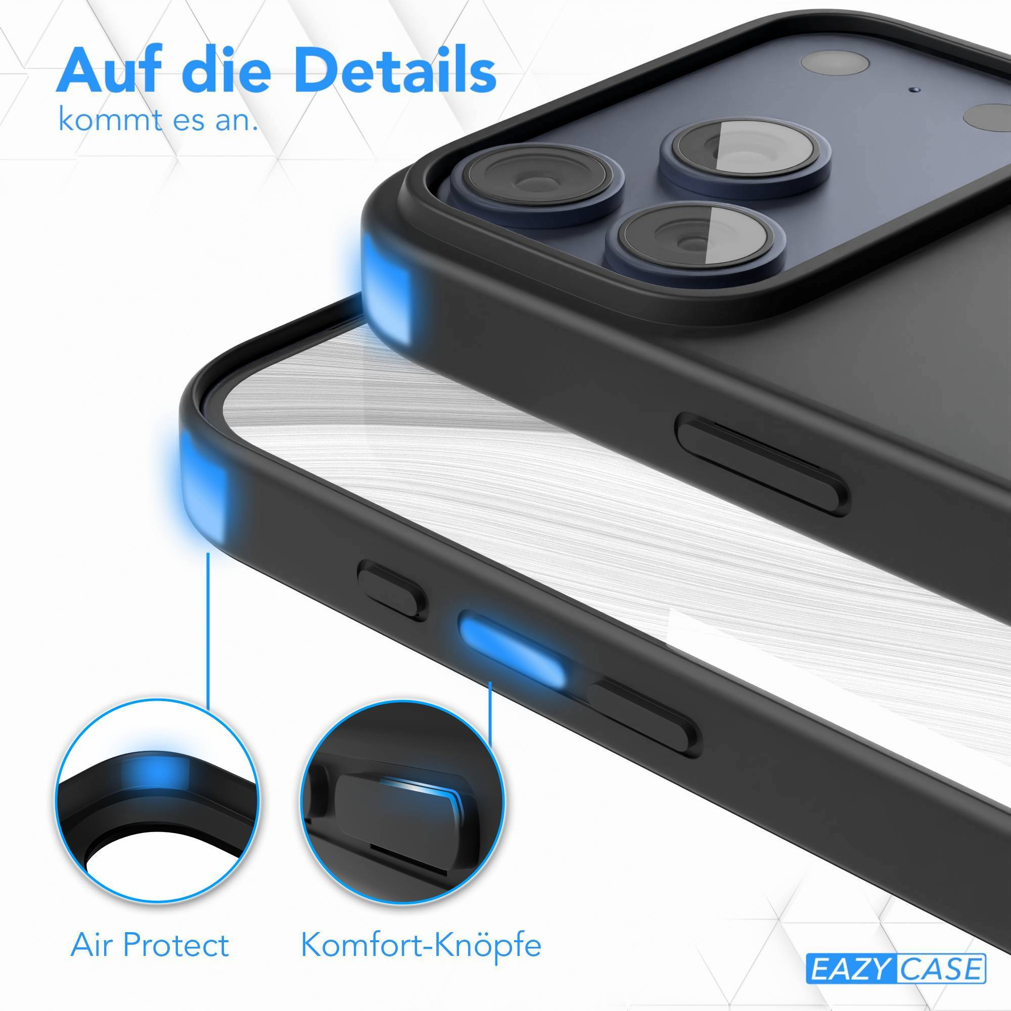 Schwarze Handyhülle mit blauen Akzenten, Kamera, Knöpfe und Text. Text sagt 'Auf die Details' und 'Eazy Case'.