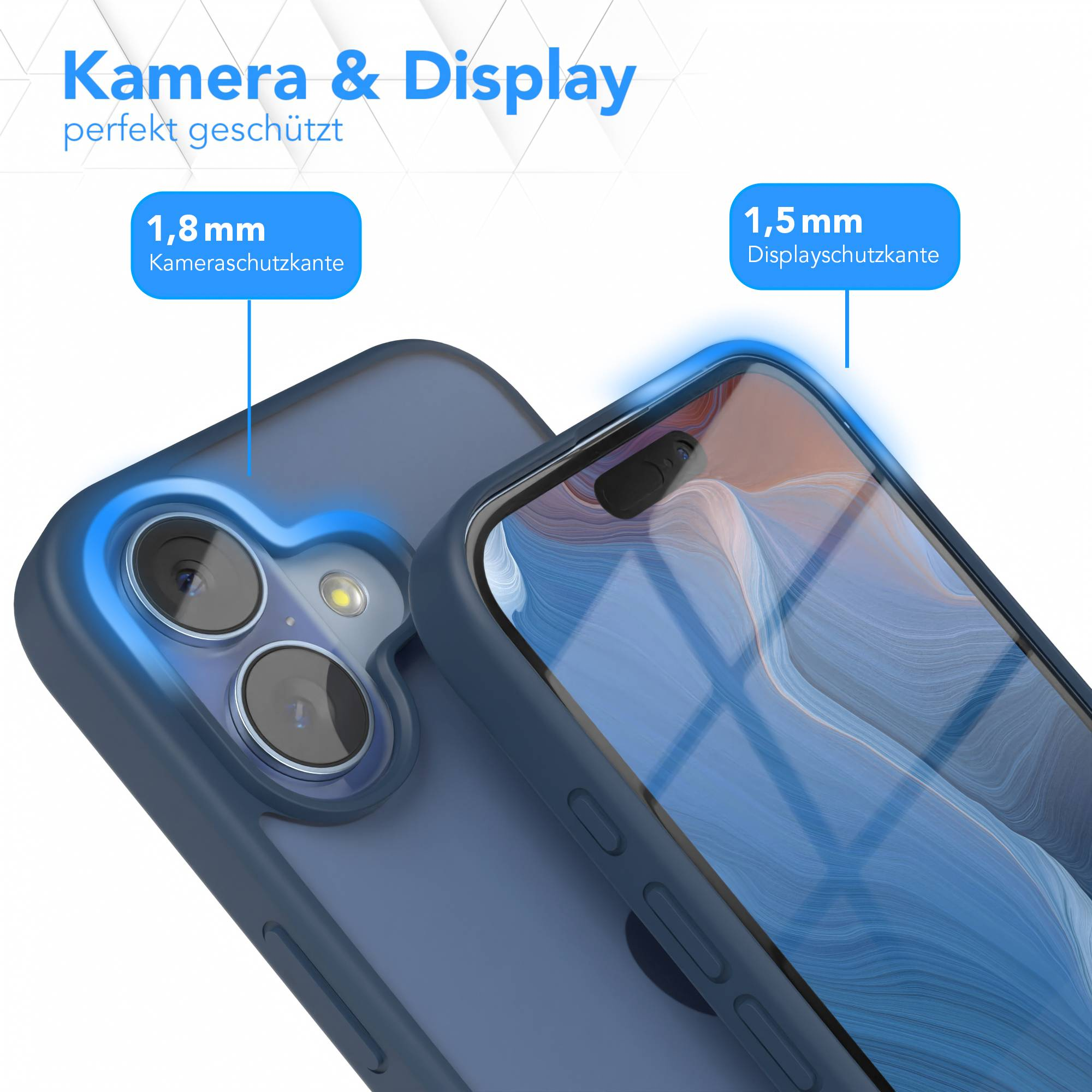Nahaufnahme eines Telefons in einer blauen Hülle. Die Hülle schützt Kamera und Display, mit Maßangaben.