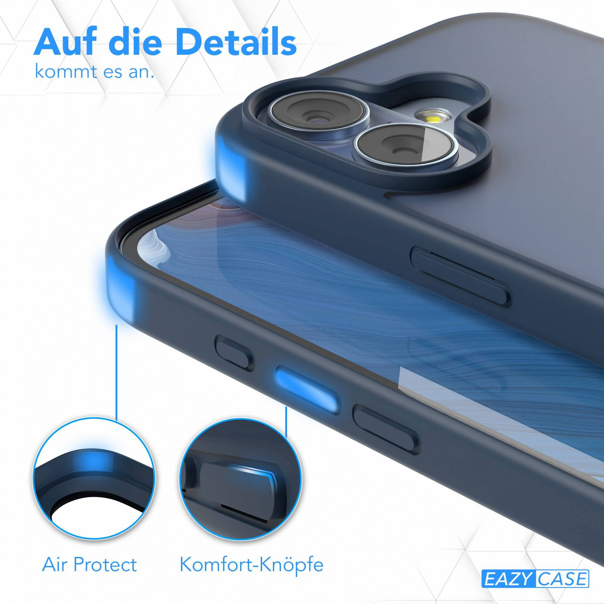 Eine dunkelblaue Handyhülle. Der Text lautet 'Auf die Details kommt es an.' und Funktionen für Luftschutz und Komforttasten.