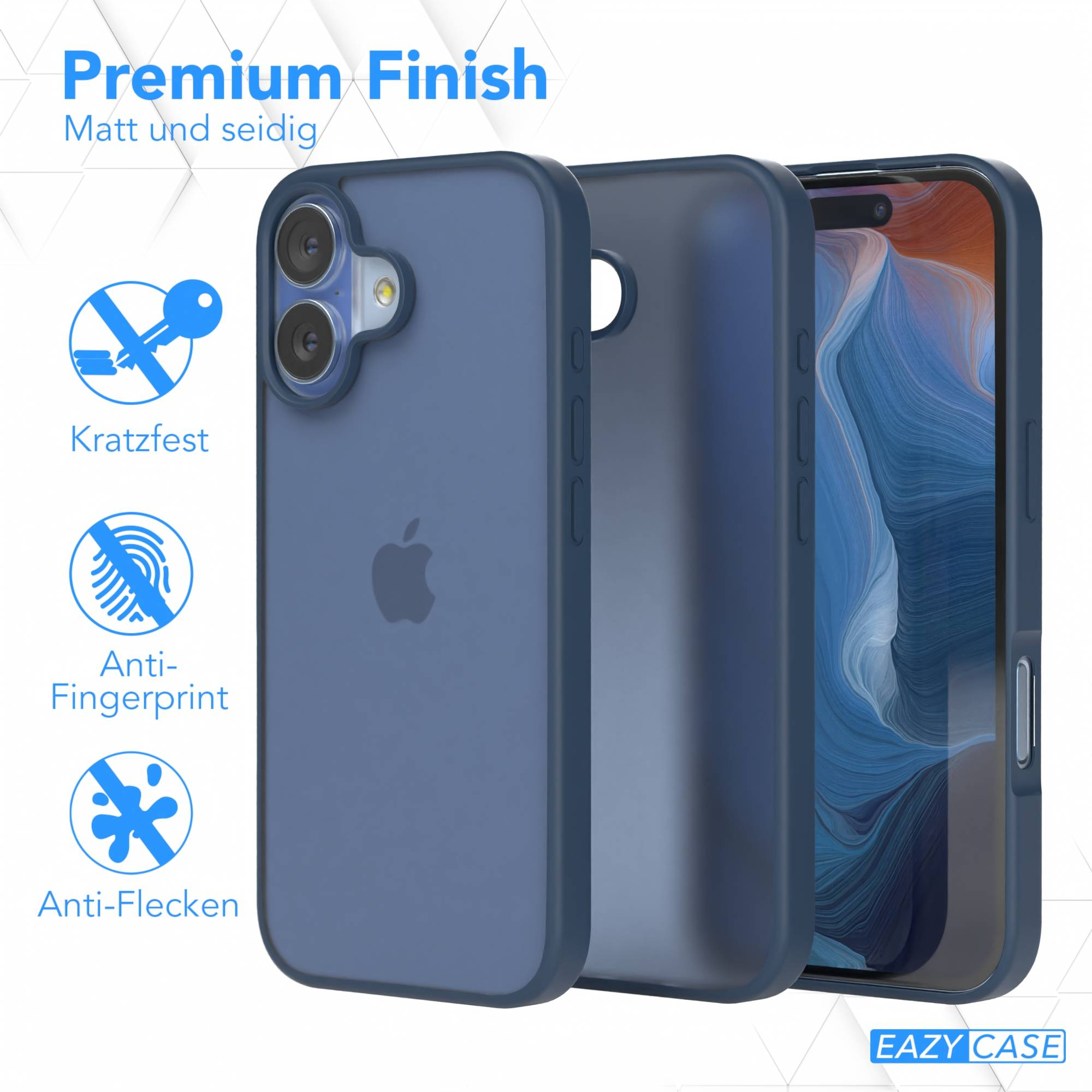 Gezeigte Telefonhülle mit Handy. Die Hülle ist blau mit mattem Finish. Text hebt die Eigenschaften hervor.