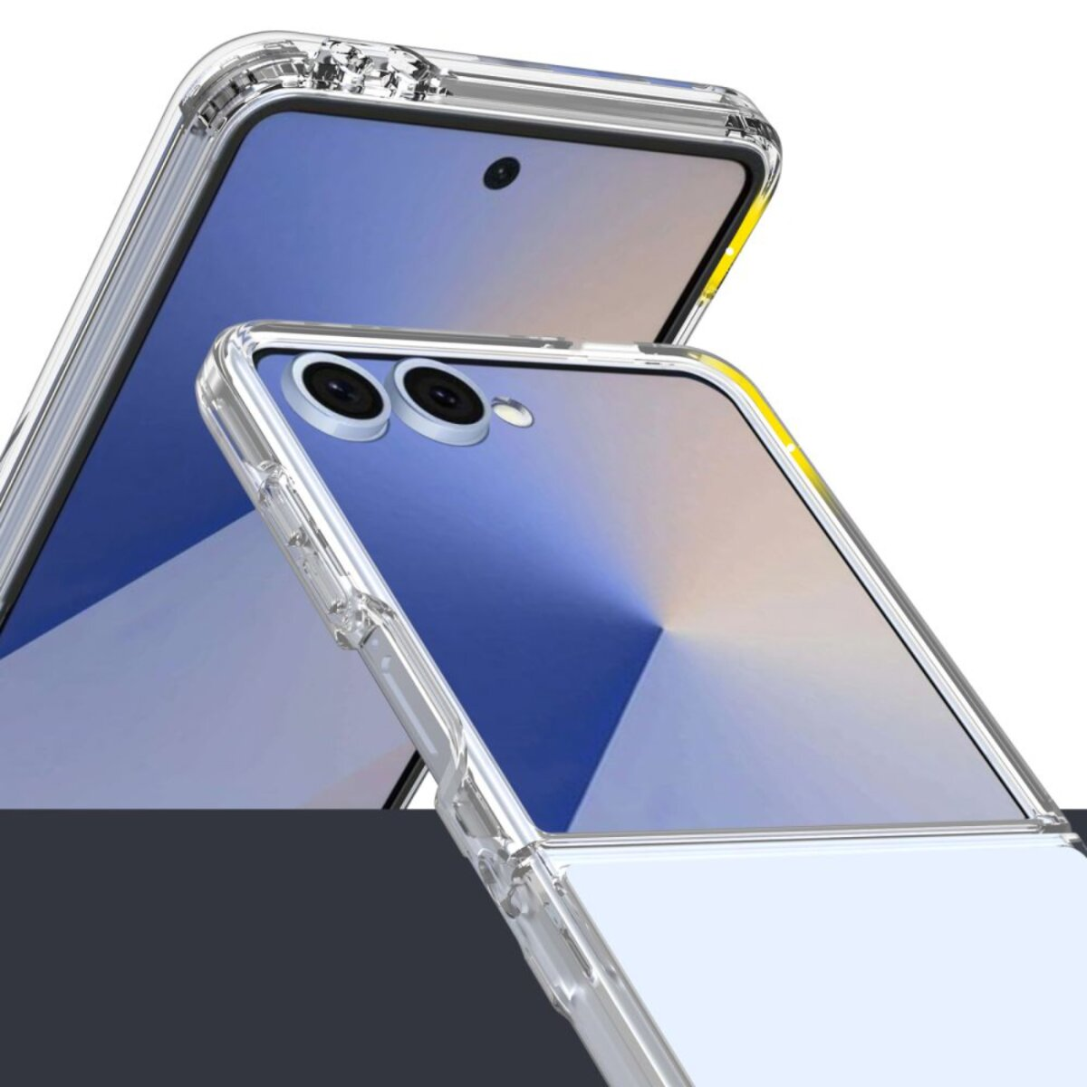 Zwei Smartphones in transparenten Hüllen. Die Telefone haben blaue und weiße Bildschirme und schwarze Kameralinsen.