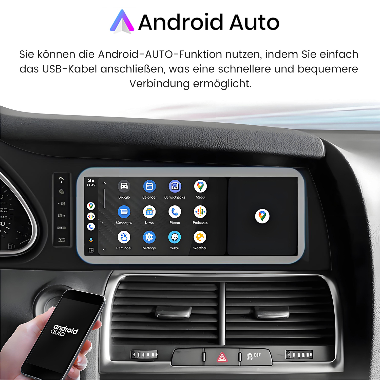 Das Armaturenbrett eines Autos zeigt Android Auto auf einem Bildschirm an. Eine Hand hält ein Telefon mit dem Android Auto-Logo.