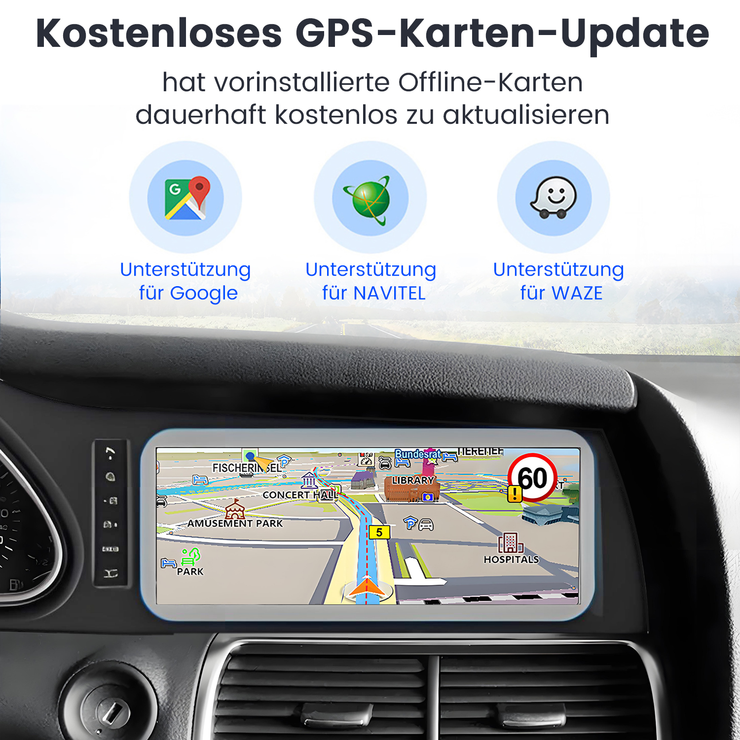 Auto-Armaturenbrett mit GPS-Karte und Navigationssymbolen. Der Bildschirm zeigt Straßenkarte mit Sehenswürdigkeiten und Geschwindigkeitsbegrenzung.