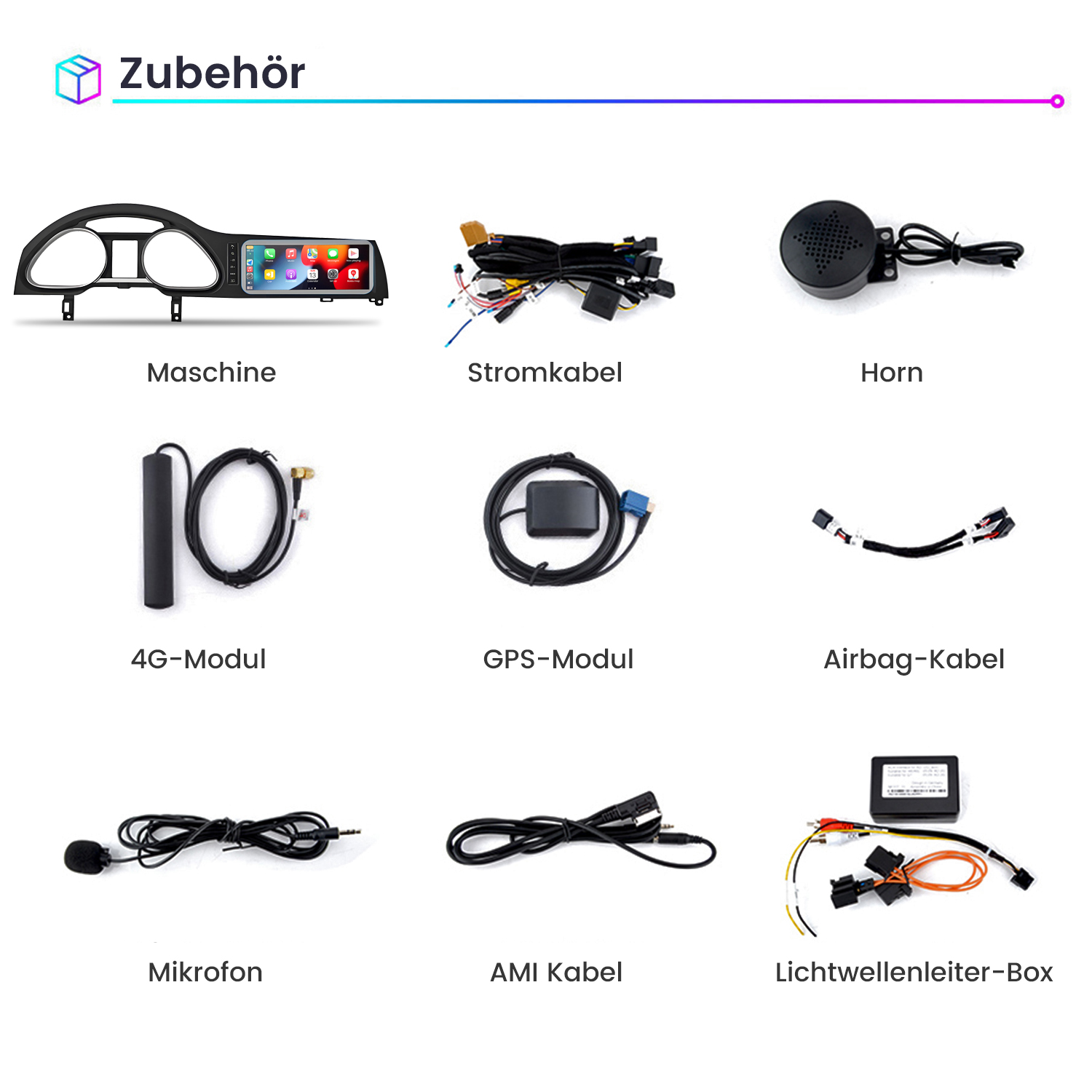 Das Bild zeigt Autozubehör: eine Maschine, Verkabelung, Hupe, 4G-Modul, GPS-Modul, Airbagkabel, Mikrofon, AMI-Kabel und eine Lichtleiterbox.