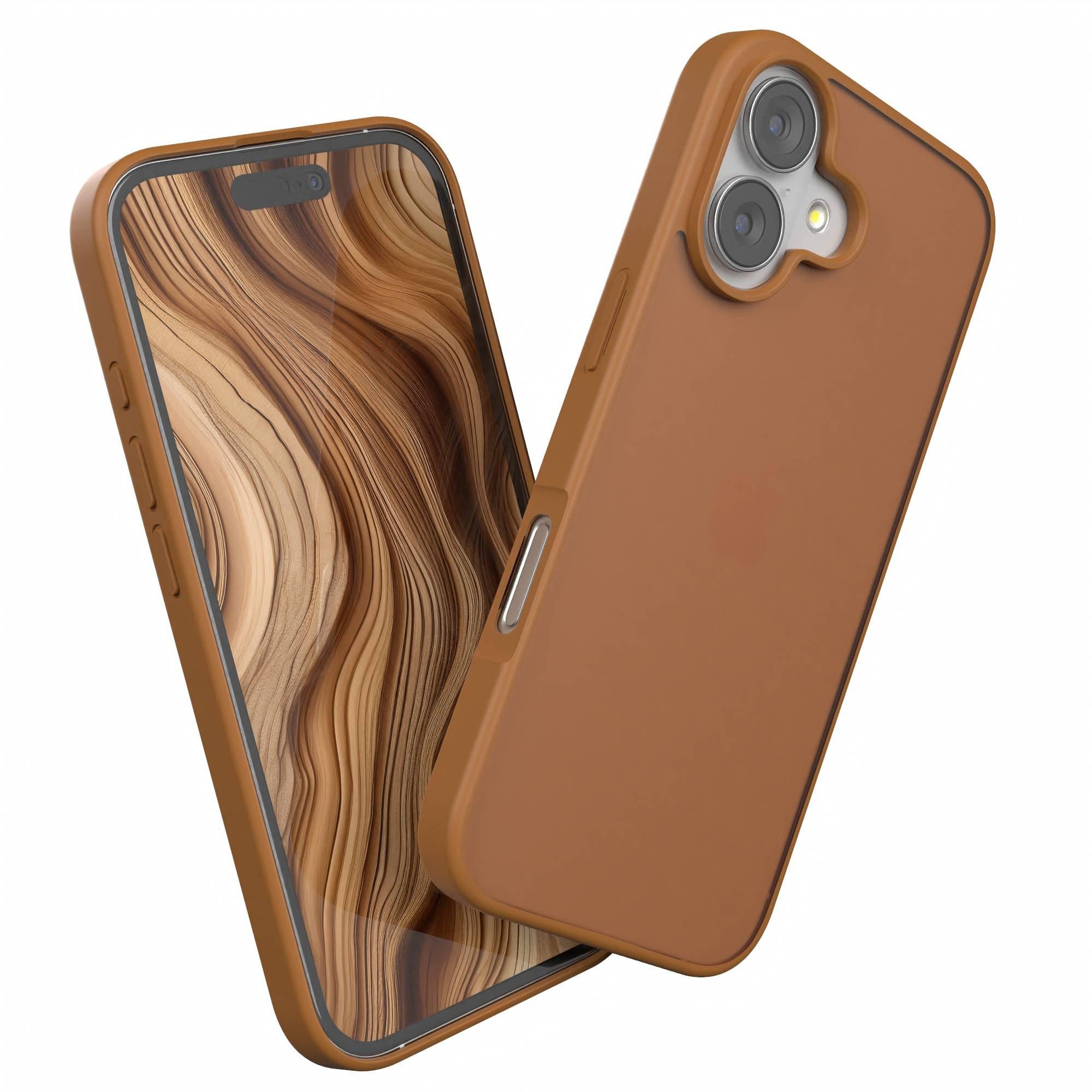 Ein Telefon und eine Hülle in Braun. Das Telefon zeigt ein Holzmaserungsmuster. Die Hülle ist separat und zeigt Kameralinsen.