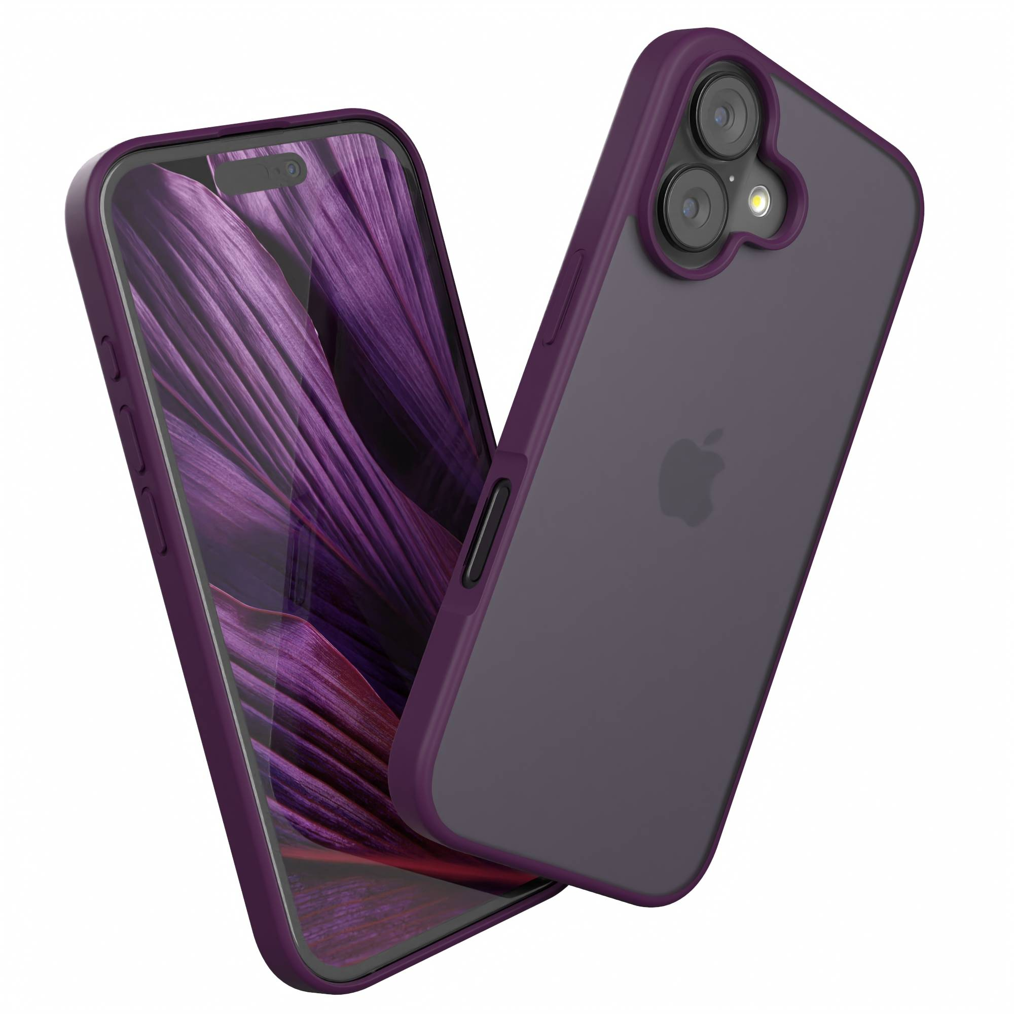 Zwei lila iPhone-Hüllen, eine mit dem Telefon. Der Bildschirm des Telefons zeigt ein lila abstraktes Design.