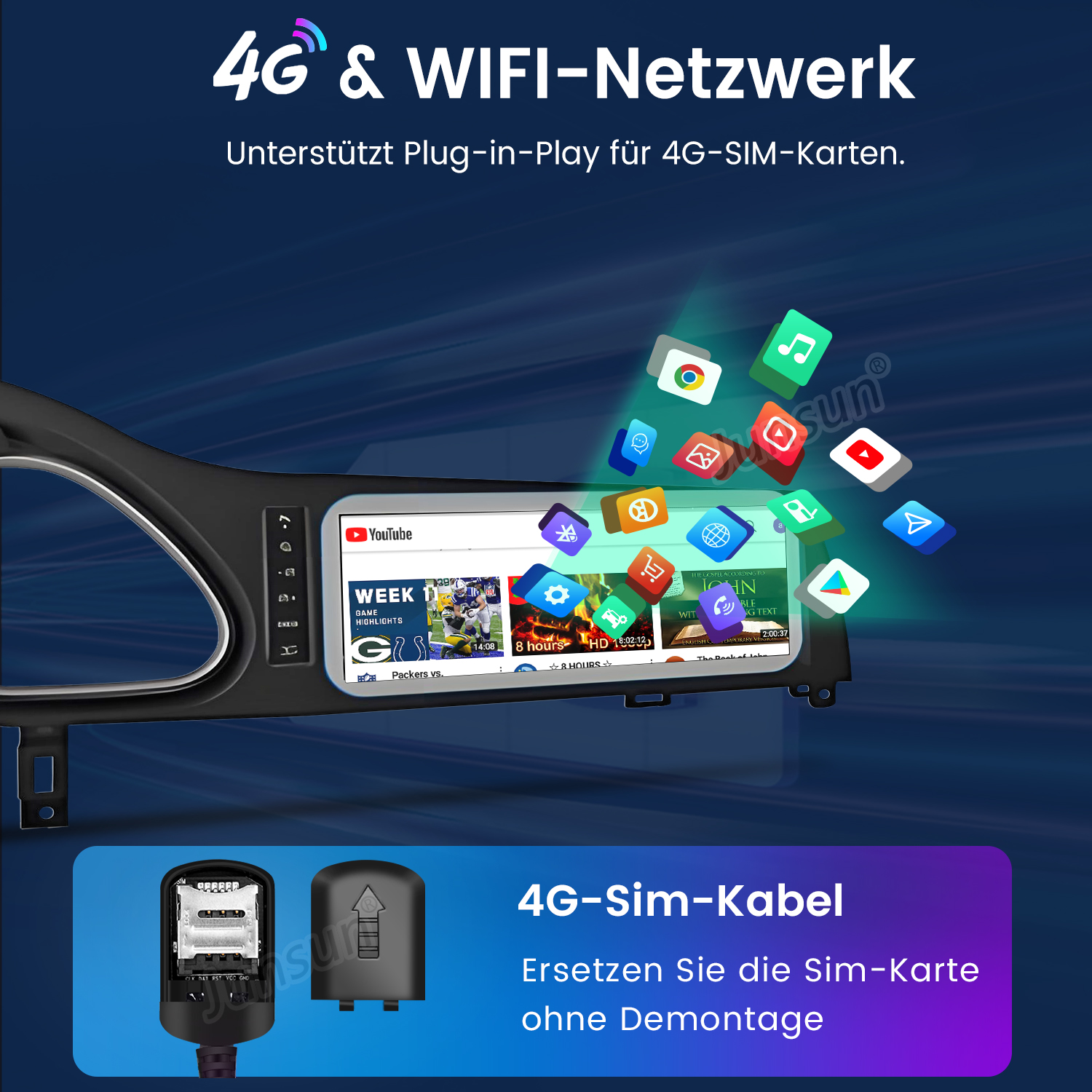 Ein Auto-Multimedia-System zeigt YouTube-Videos, umgeben von App-Symbolen. Unten sind ein SIM-Kartensteckplatz und seine Abdeckung zu sehen.