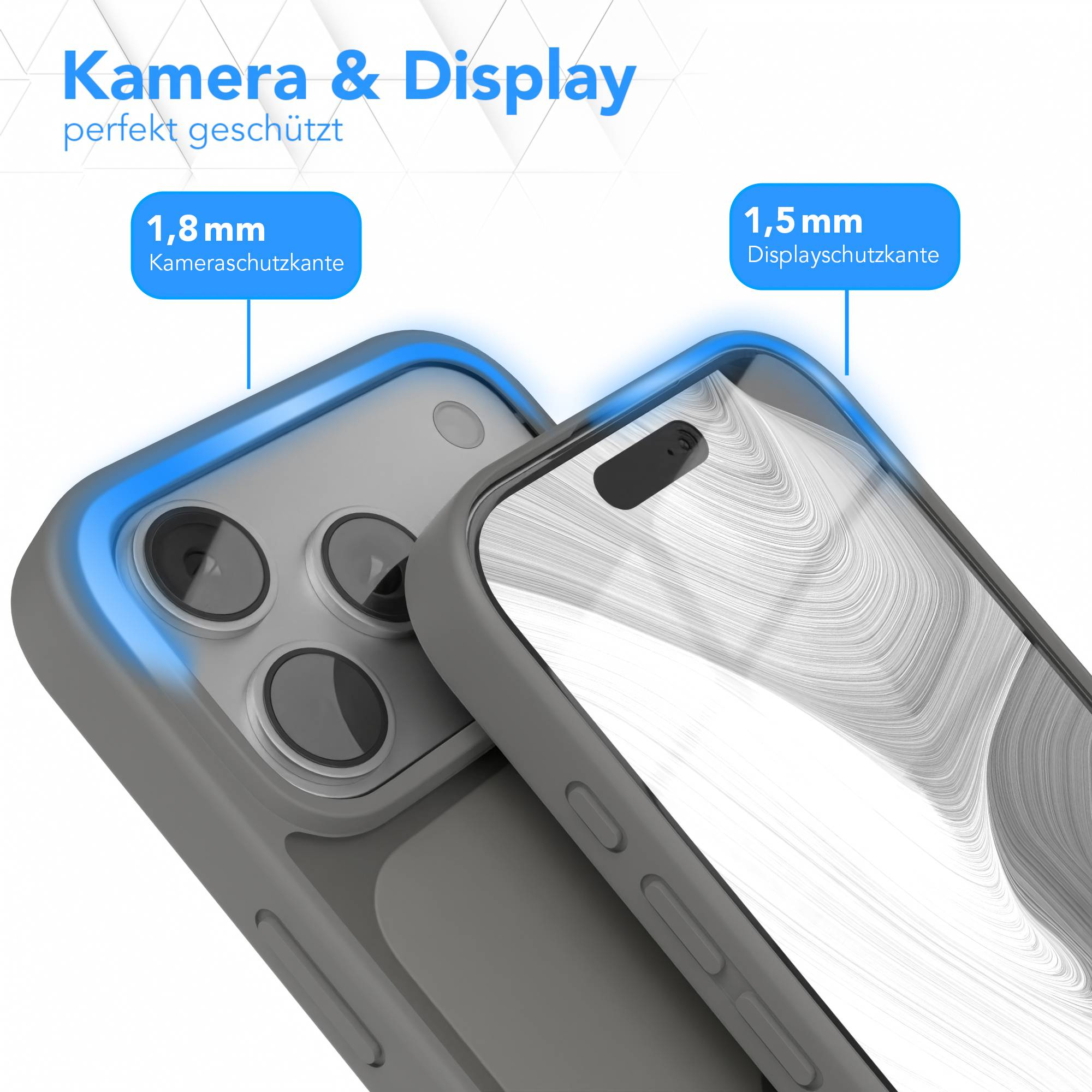 Ein Telefon in einem grauen Gehäuse wird mit einem blauen Akzent angezeigt. Das Gehäuse zeigt Kamera- und Displayschutz.