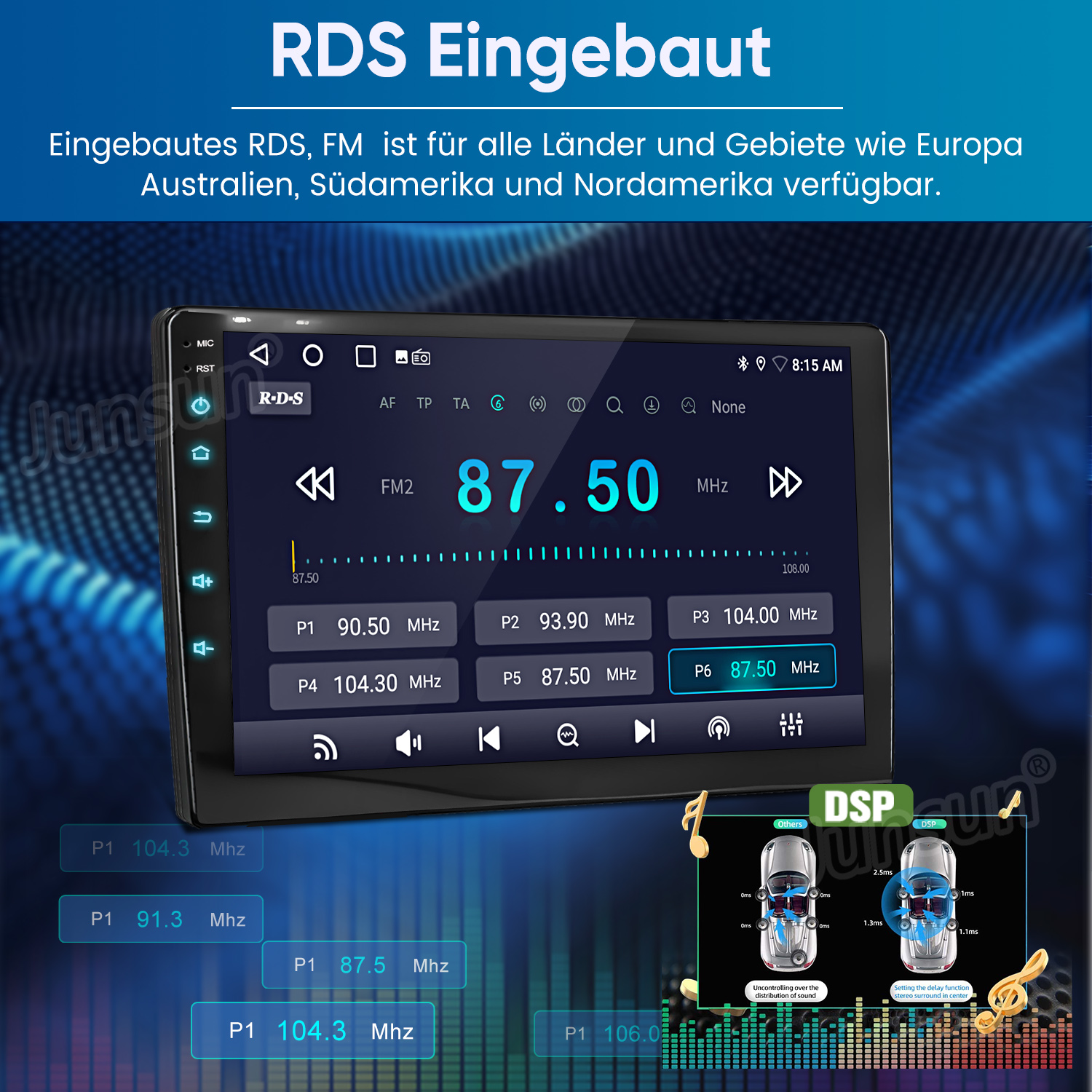 Autoradio-Bildschirm mit FM-Frequenz 87,50 MHz. Es hat Knöpfe und einen DSP-Bereich mit Diagrammen zur Klangverteilung.