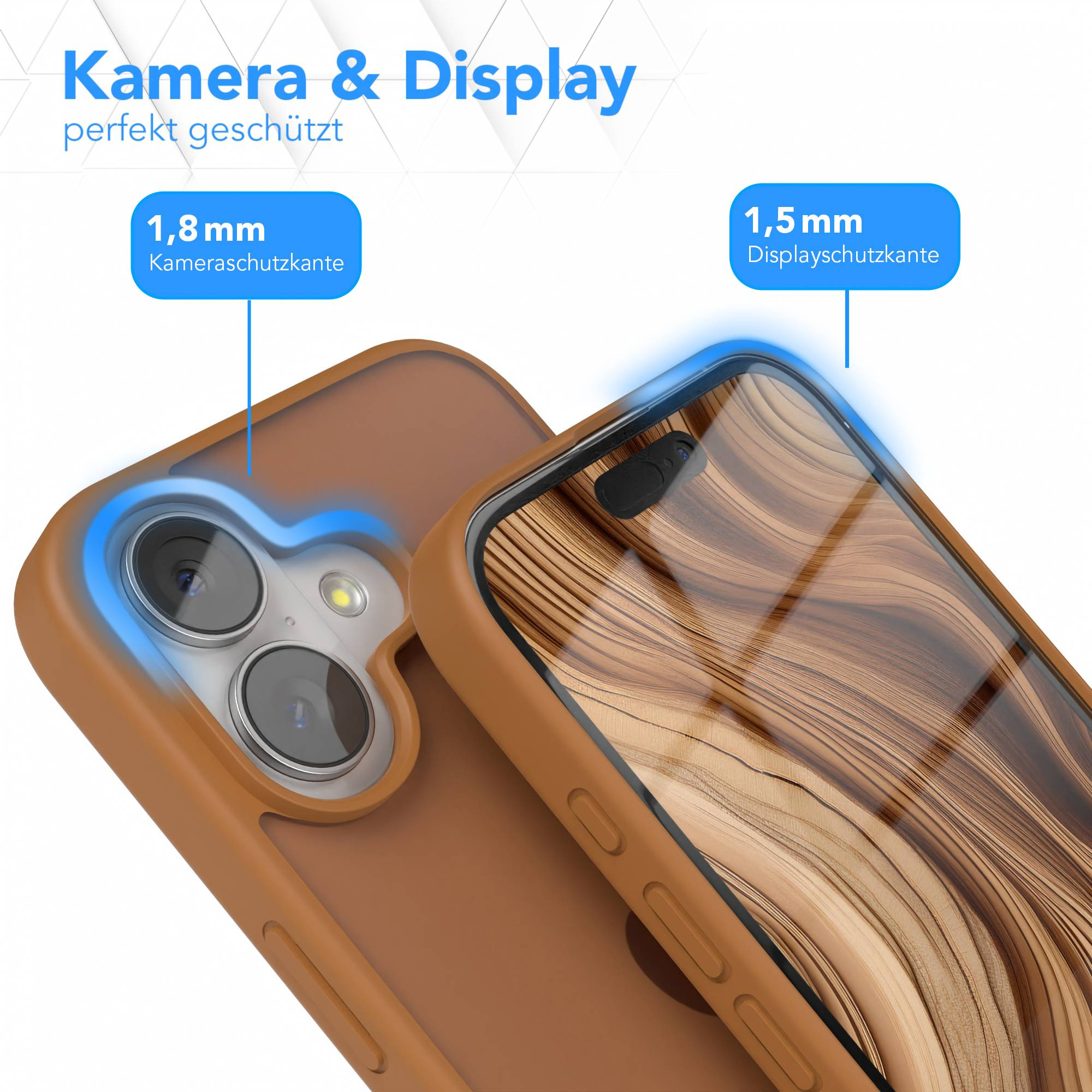 Braune Handyhülle, schützt Kamera und Display. Textlabels heben die Maße hervor: 1,8 mm und 1,5 mm.