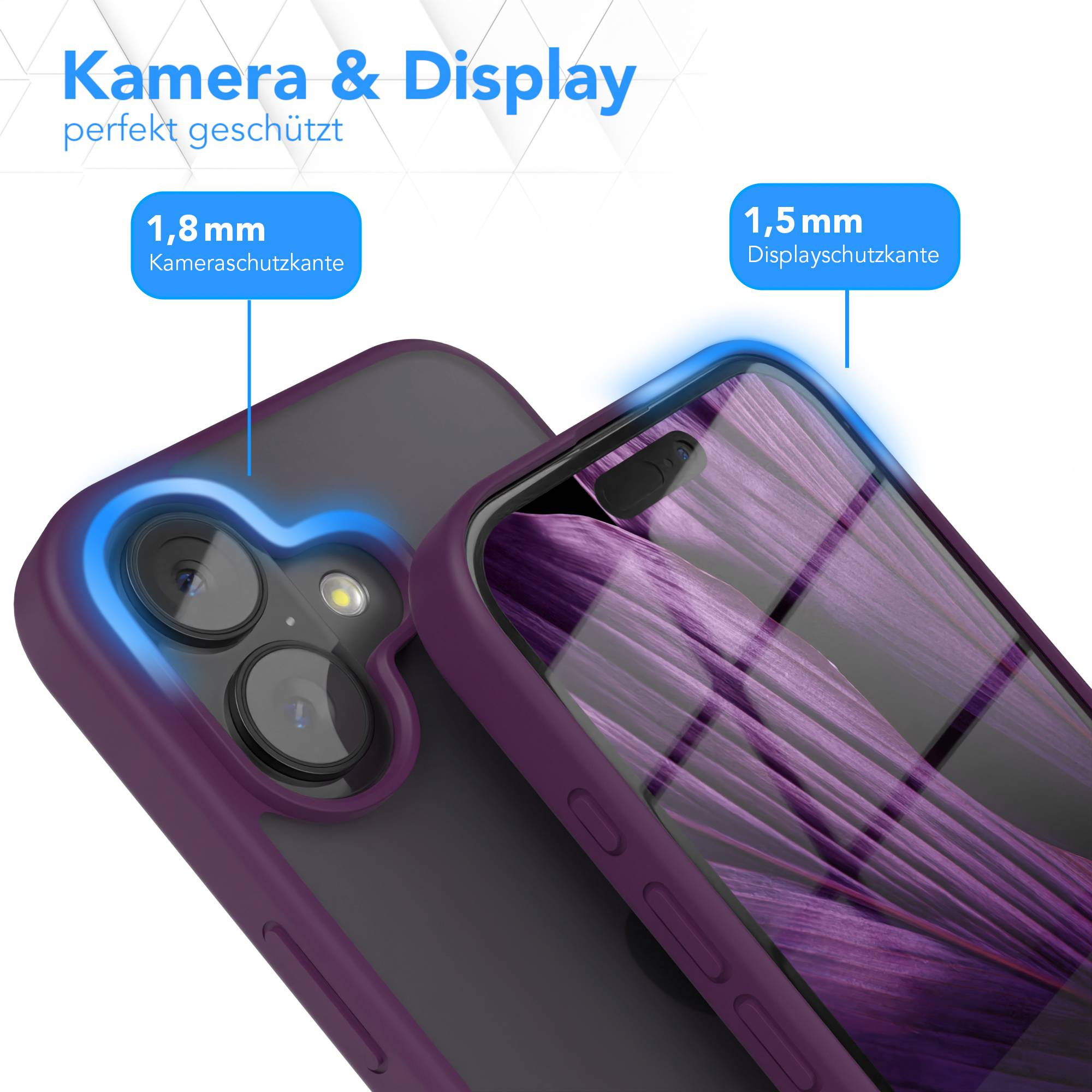 Lila Handyhülle schützt Kamera und Display. Texte zeigen 1,8 mm und 1,5 mm Schutzränder.