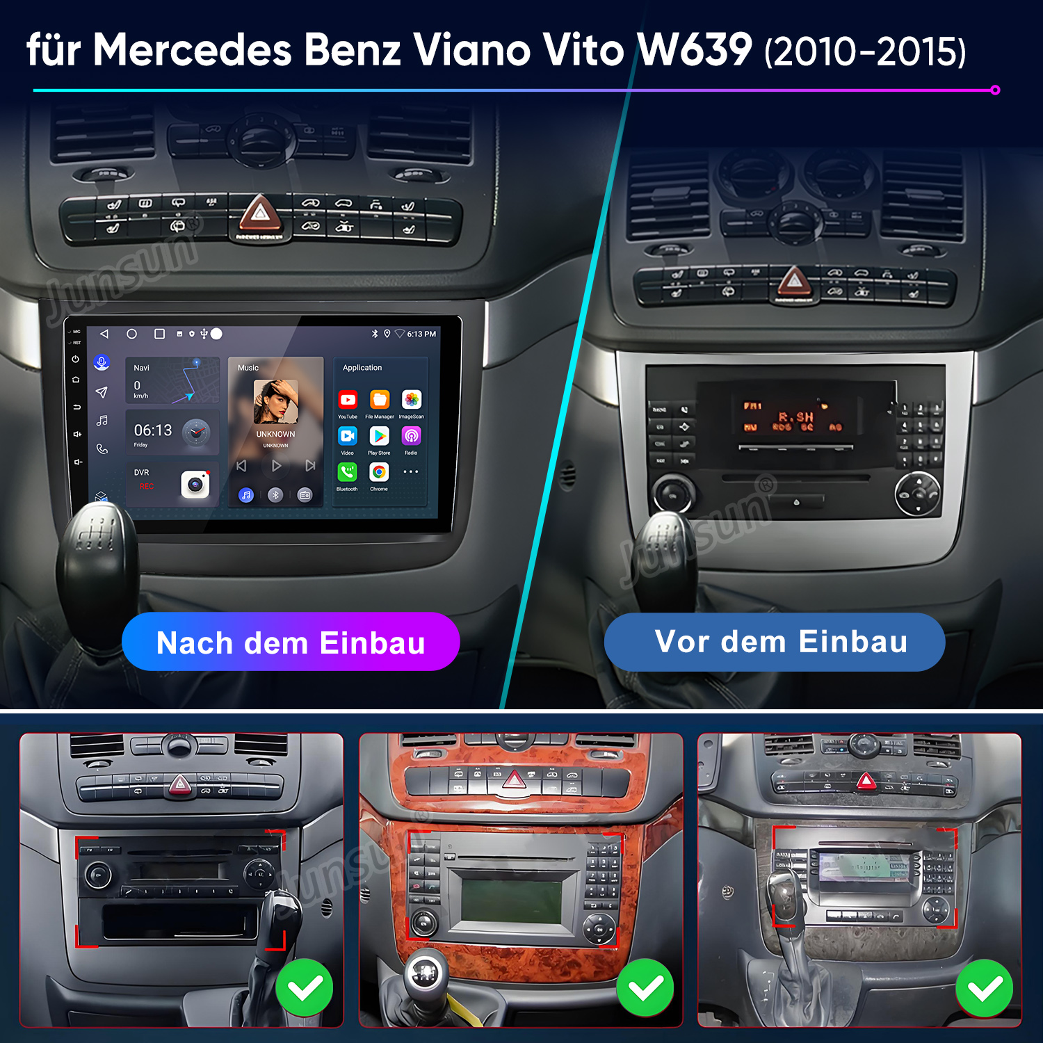 Das Bild zeigt das Armaturenbrett eines Autos vor und nach dem Einbau eines neuen Multimediasystems. Das neue System ersetzt das alte Radio.