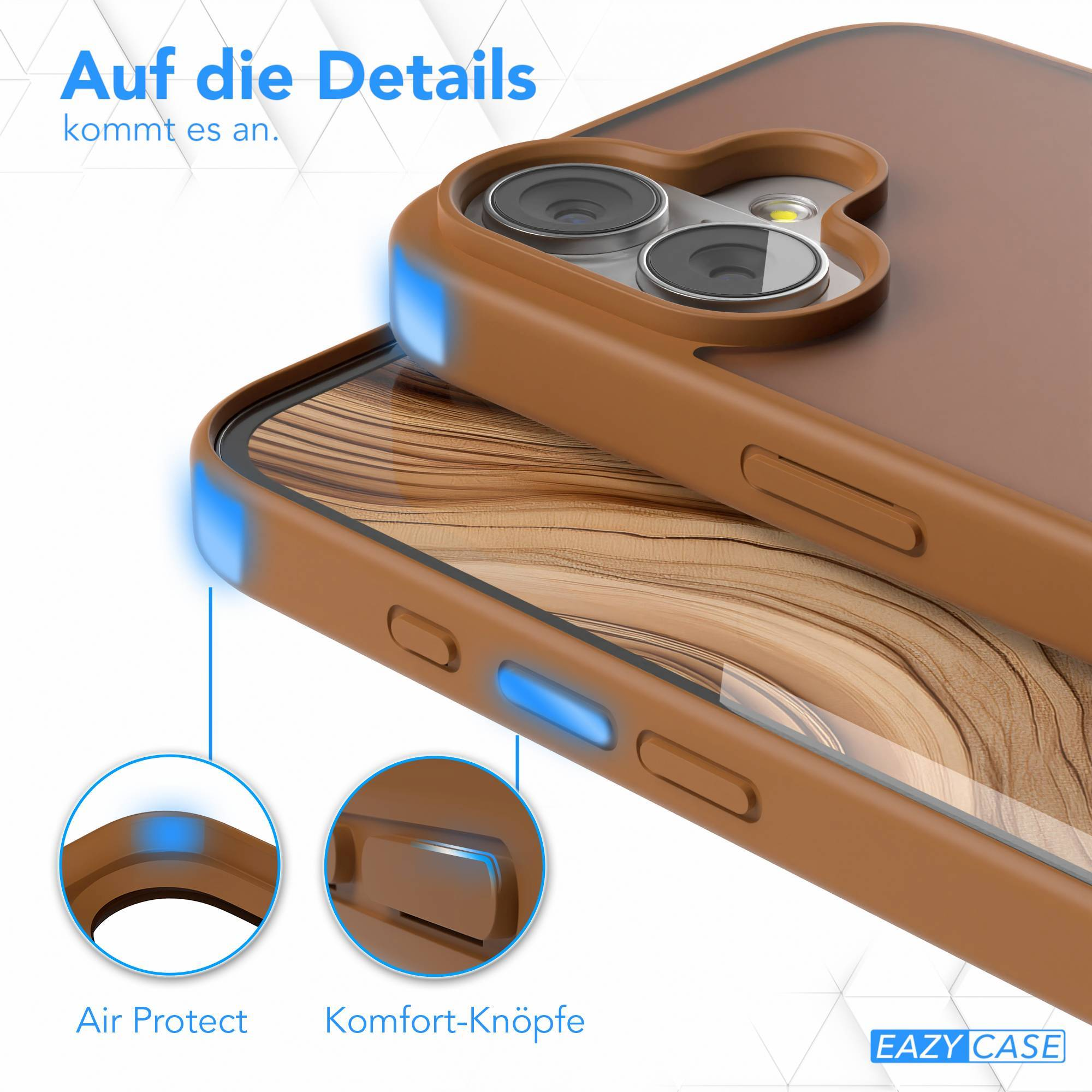 Gezeigt wird eine braune Handyhülle mit Holzmaserung. Oben steht der Text: 'Auf die Details kommt es an.'