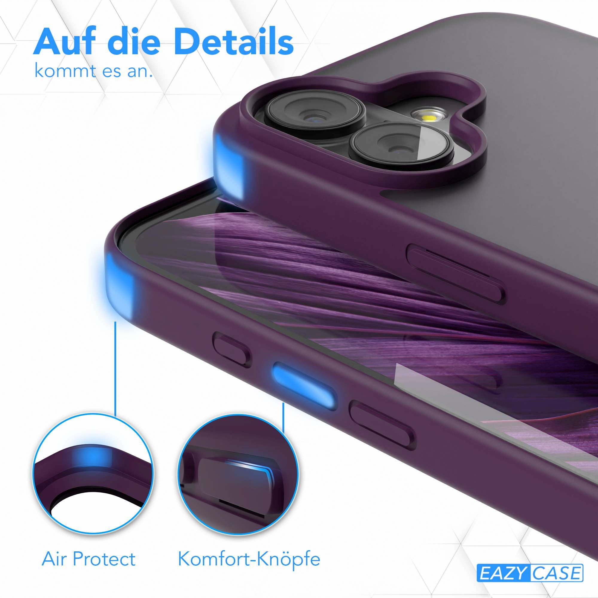 Detail einer lila Handyhülle. Text: 'Auf die Details kommt es an.' Merkmale wie Air Protect und Komfort-Knöpfe.