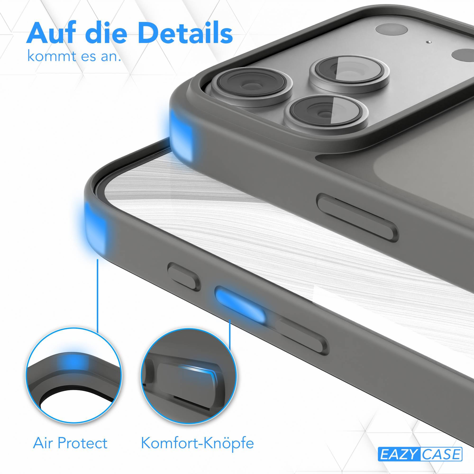 Eine Handyhülle mit einem Telefon darin. Die Hülle ist grau, mit blauen Akzenten. Das Telefon hat Kameralinsen.