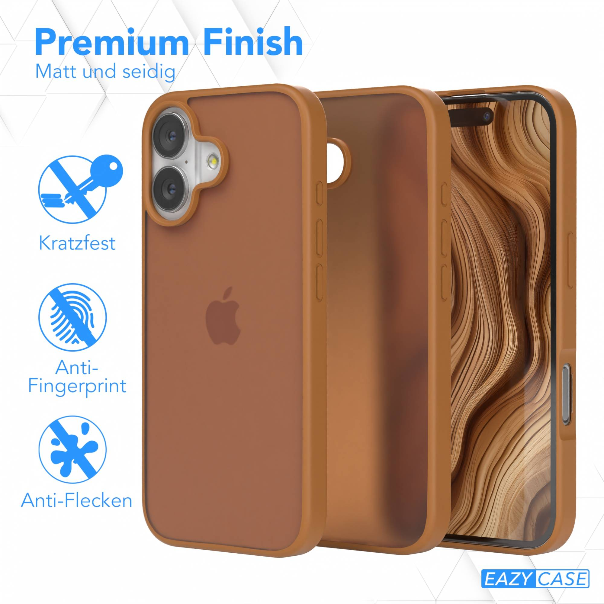 Produktaufnahme von Handyhüllen, eine offen, die das Telefon zeigt. Die Hüllen sind braun und haben Funktionen wie Kratz- und Fingerabdruckfestigkeit.