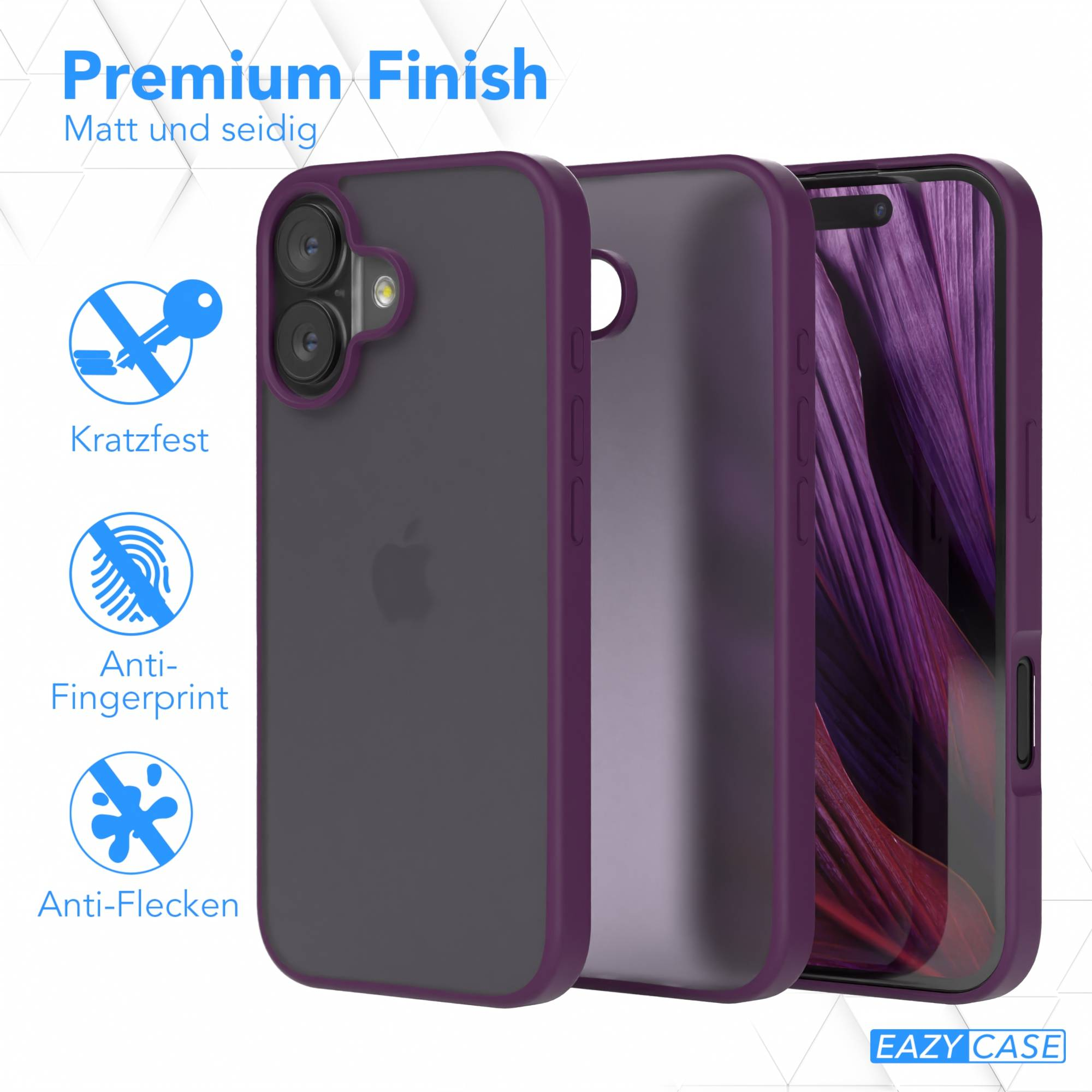 Das Bild zeigt eine lila Handyhülle mit einem Telefon darin. Textbezeichnungen umfassen 'Premium Finish', 'Anti-Fingerprint'.