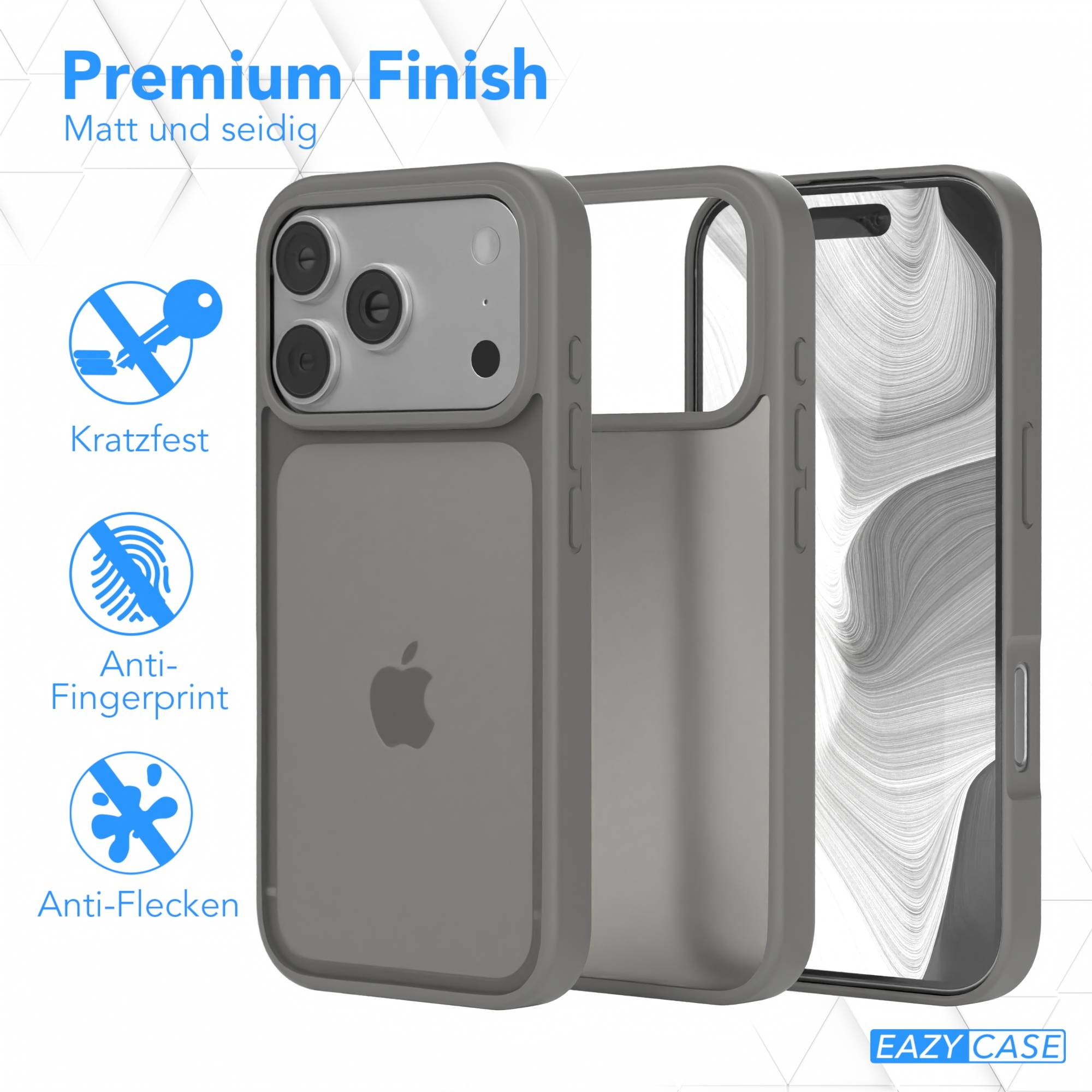 Graues Handyhüllen-Set. Symbole zeigen Kratz-, Fingerabdruck- und Fleckenresistenz. Das Apple-Logo ist sichtbar.