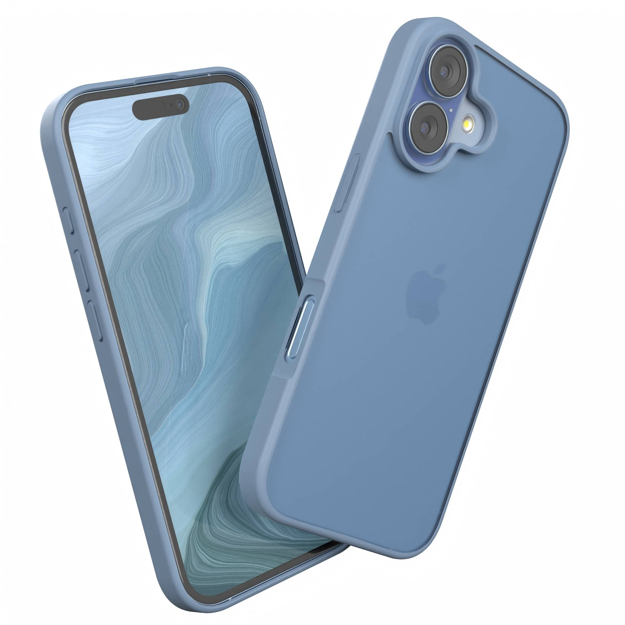Zwei blaue iPhones mit Hüllen, eines zum Betrachter geneigt. Der Hintergrund ist weiß.