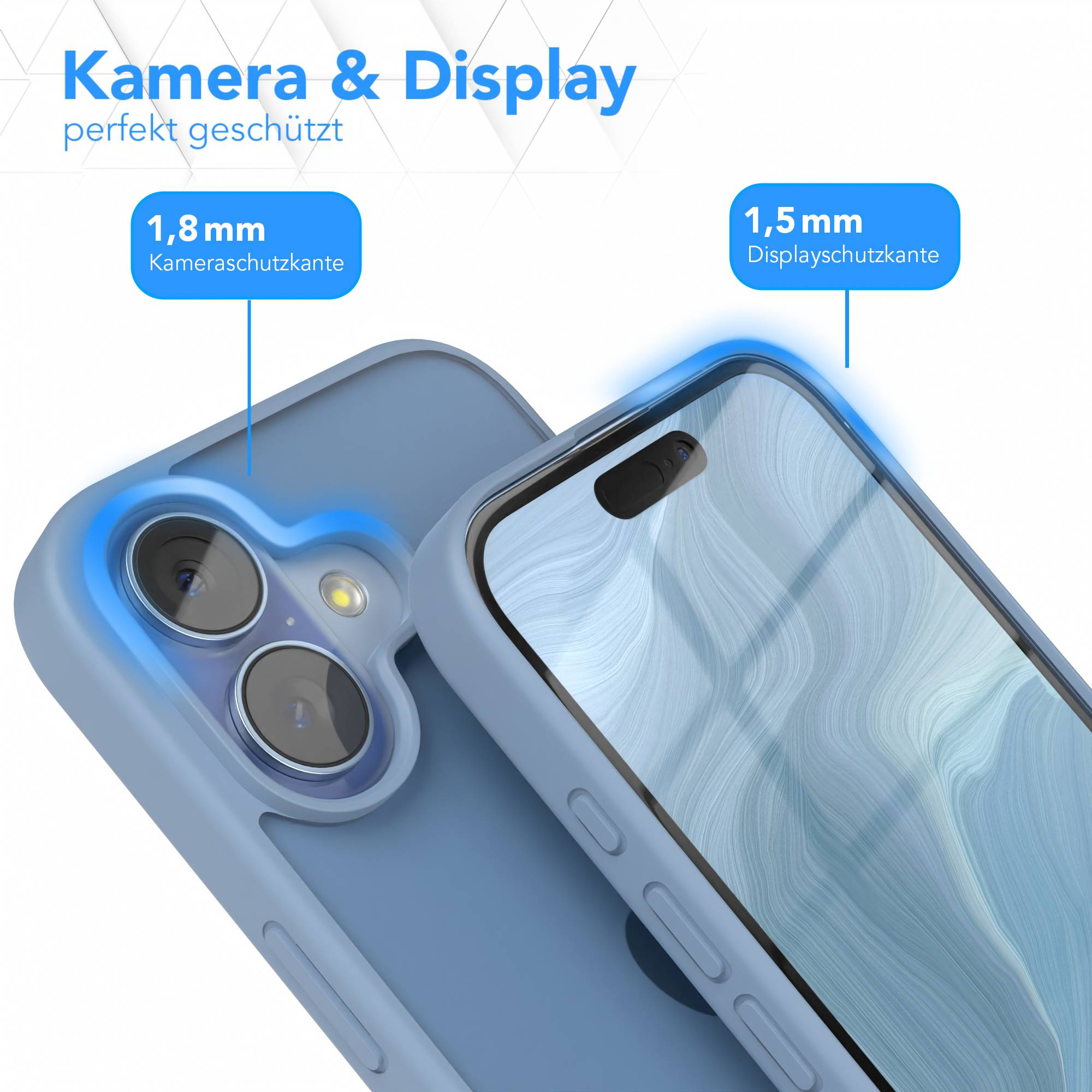 Eine blaue Handyhülle schützt Kamera und Display. Text kennzeichnet Schutzabmessungen.