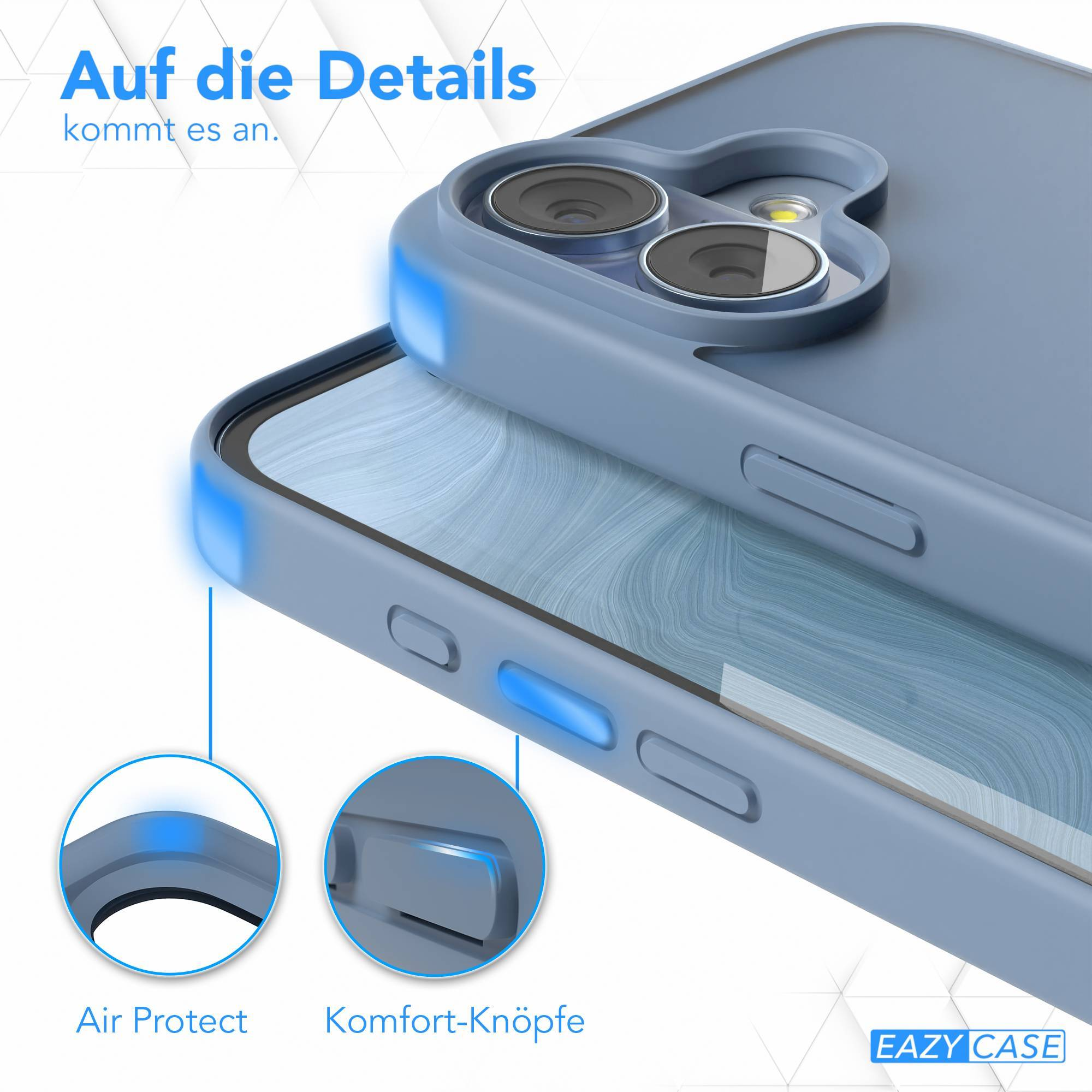 Eine blaue Handyhülle mit Kameraausschnitten und Knöpfen. Text: 'Auf die Details kommt es an'.