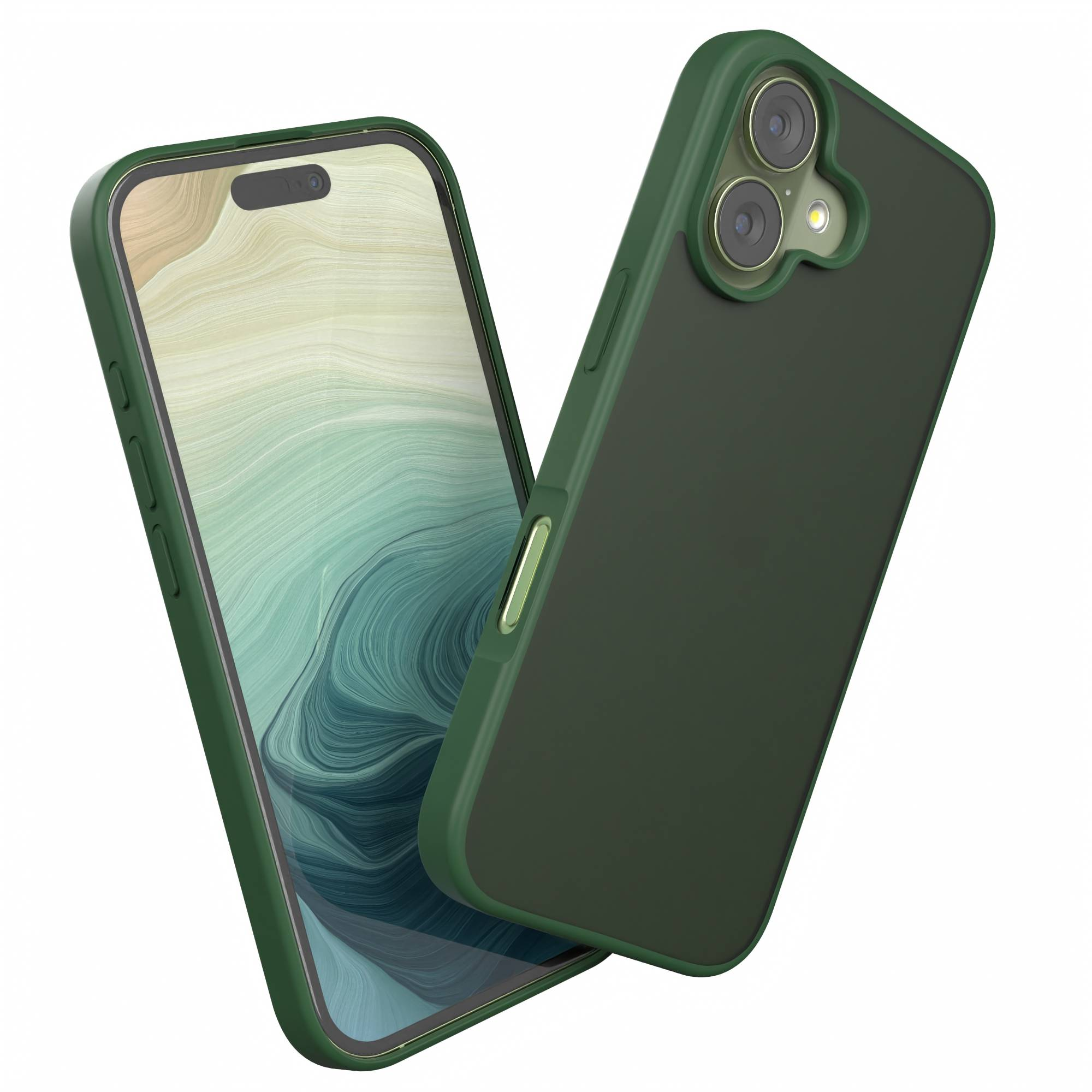 Ein grünes Telefon mit einer grünen Hülle. Der Bildschirm zeigt ein wellenförmiges, hellgrünes und weißes Bild. Die Hülle ist detailliert.