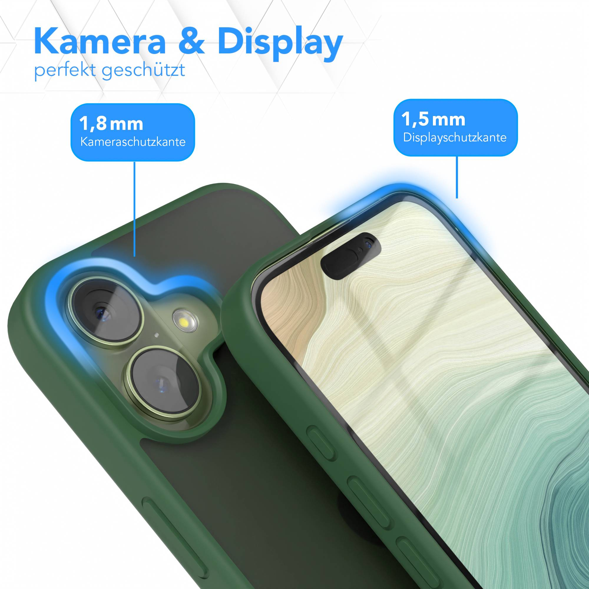 Grüne Handyhülle mit Telefon. Kamera- und Displayschutz sind mit Maßen hervorgehoben.