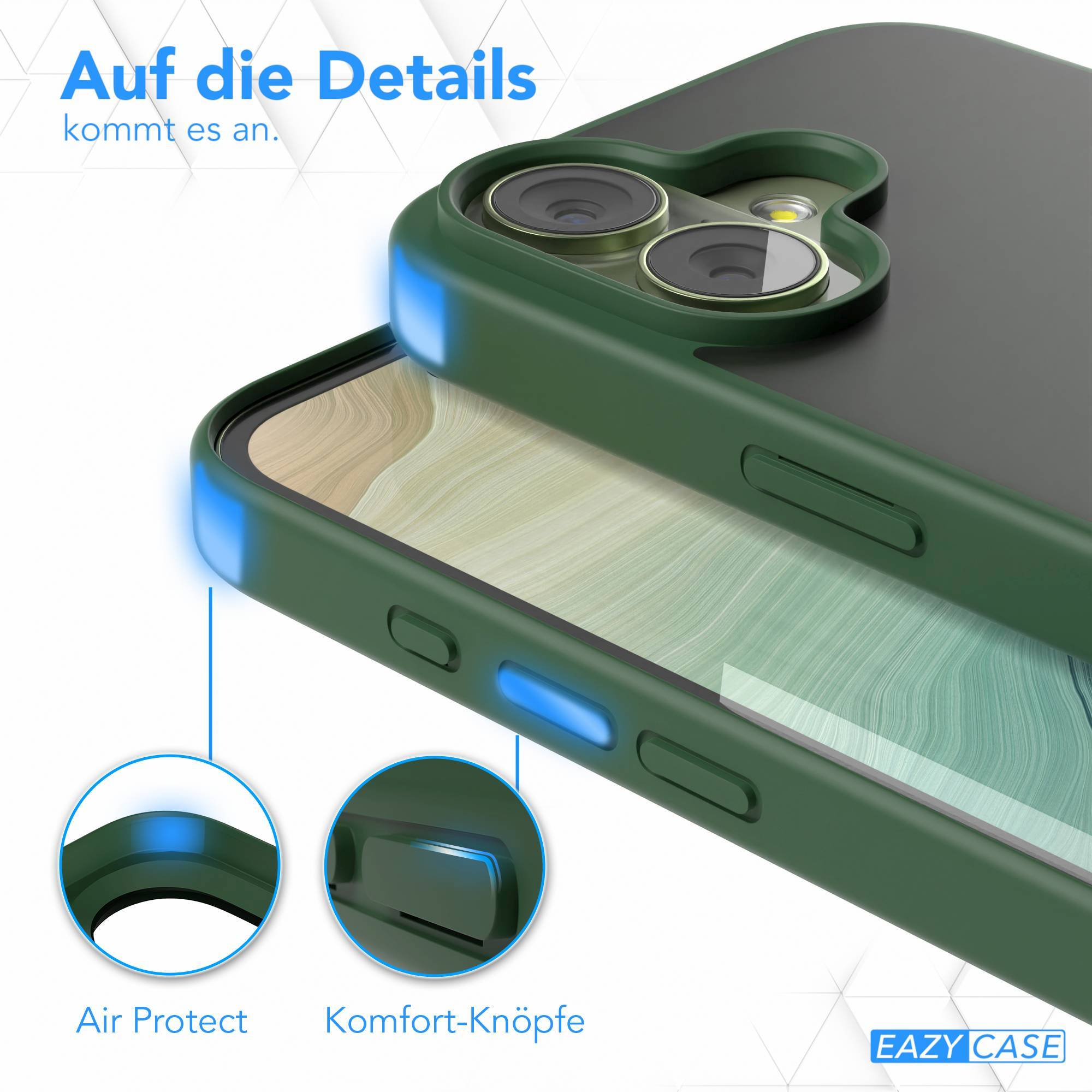 Grüne Handyhülle mit blauen Akzenten, Kameraausschnitten und Komfortknöpfen. Text lautet 'Auf die Details' und 'EAZY CASE'.