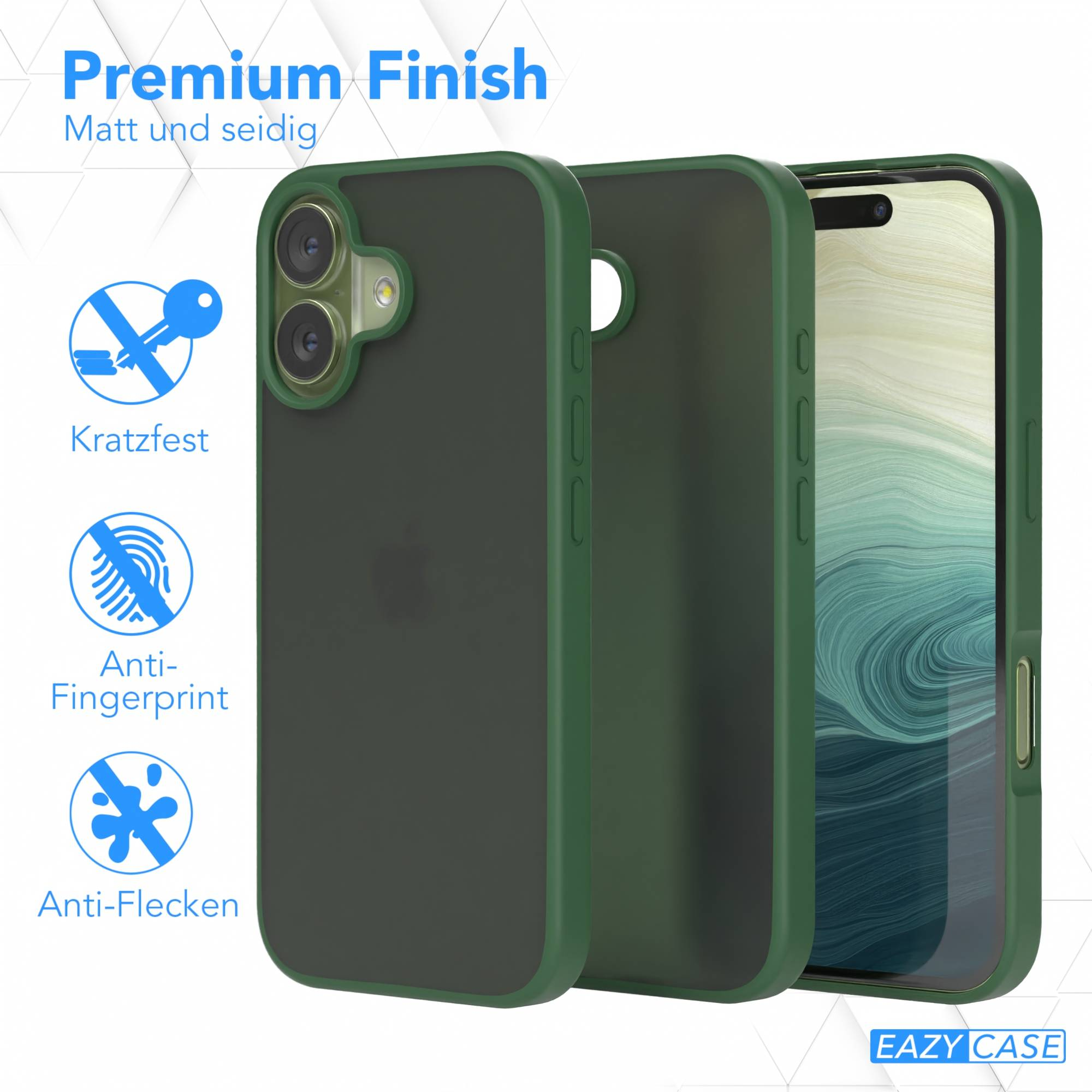 Grüne Handyhülle mit Telefon. Text: Premium Finish, Matt und seidig, Kratzfest, Anti-Fingerprint, Anti-Flecken. EAZY CASE Logo.