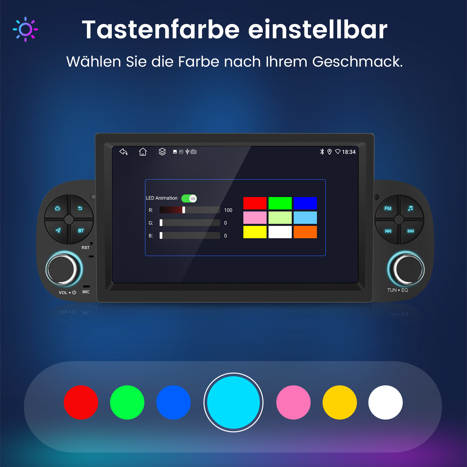 Autoradio mit Touchscreen, der Farboptionen anzeigt. Auf jeder Seite befinden sich Knöpfe. Text: 'Tastenfarbe einstellbar'.