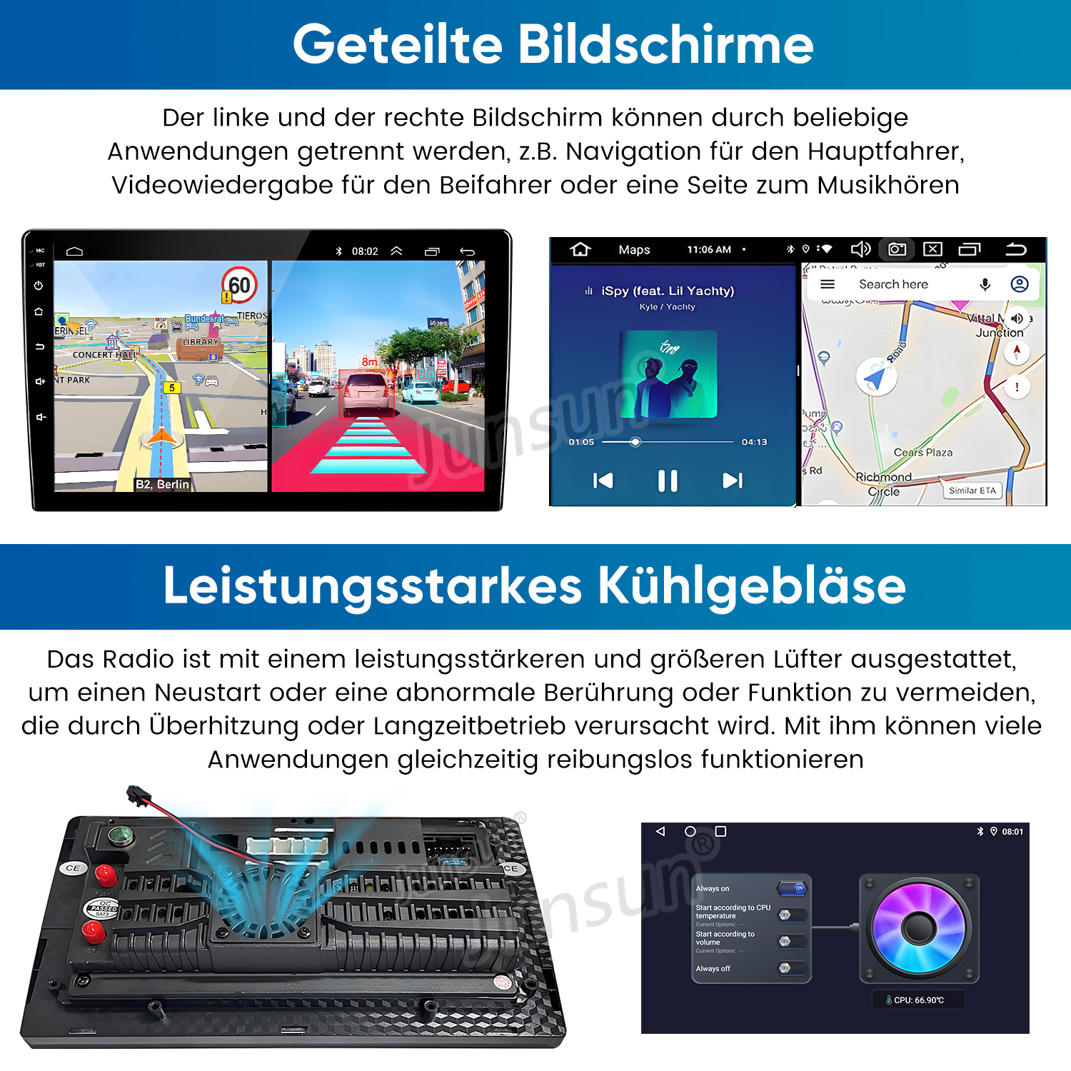 Autoradio mit geteiltem Bildschirm, das Navigation, Musik und Einstellungen mit Kühlgebläse zeigt.