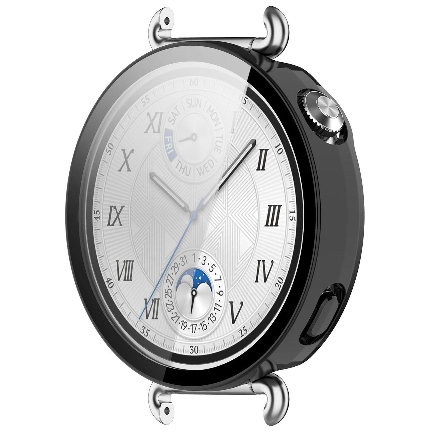 Primo piano di un orologio da polso nero e argento. Il quadrante è bianco con numeri romani. Dettagli includono fasi lunari.