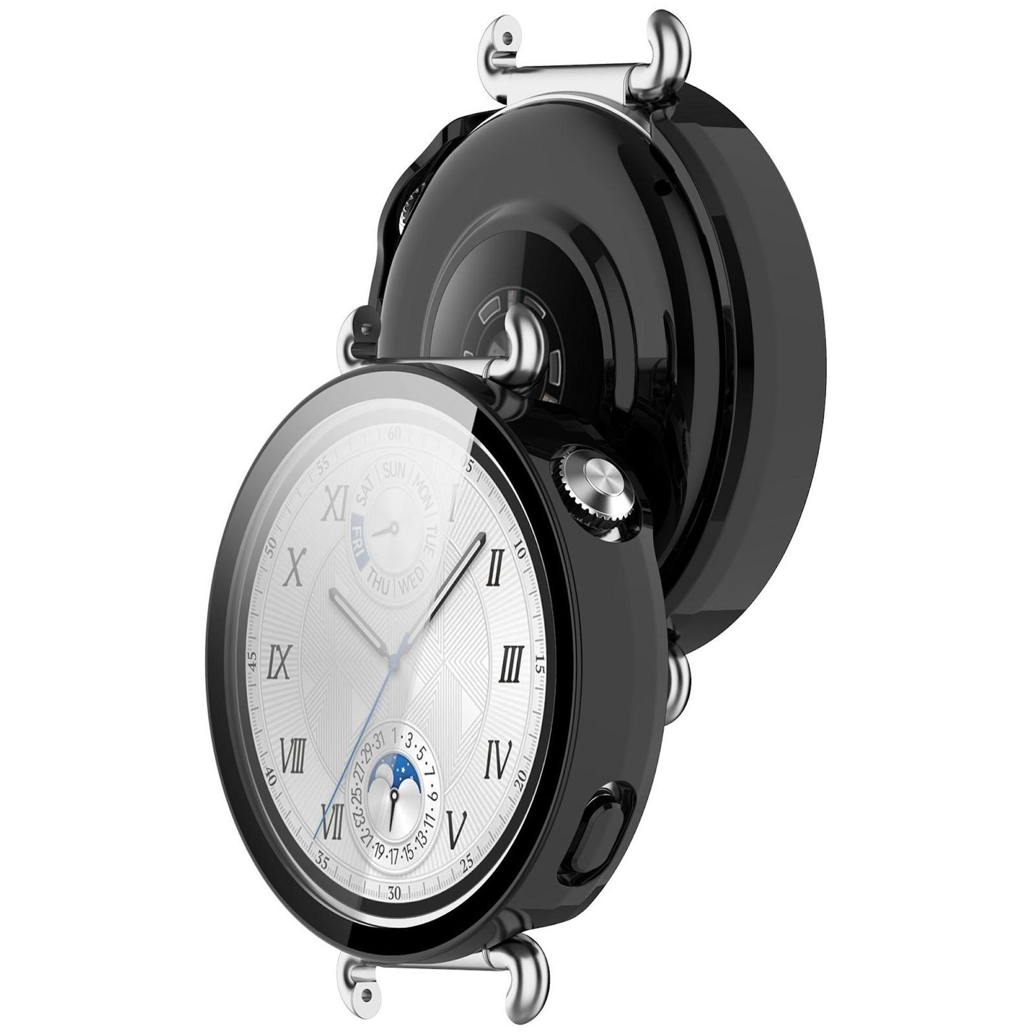 Uno smartwatch nero con quadrante bianco che mostra numeri romani e calendario. Dettagli argentati e cassa nera.