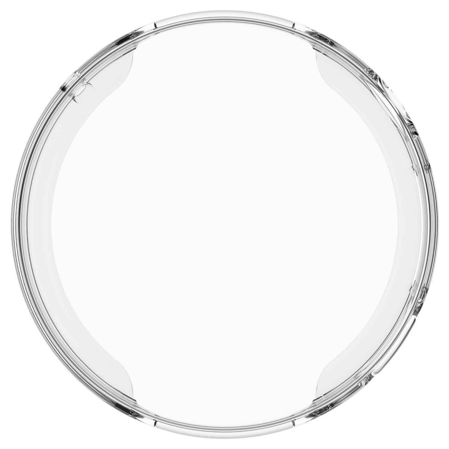 Un oggetto trasparente e circolare con bordo trasparente e sfondo bianco. Il bordo ha un design curvo con dettagli.