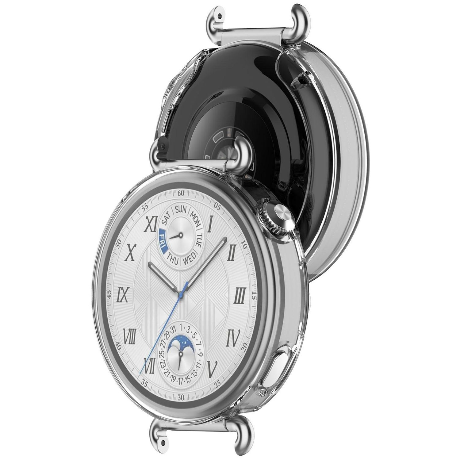 Uno smartwatch argentato con numeri romani, calendario e copertura protettiva nera, aperto. Il quadrante è bianco.