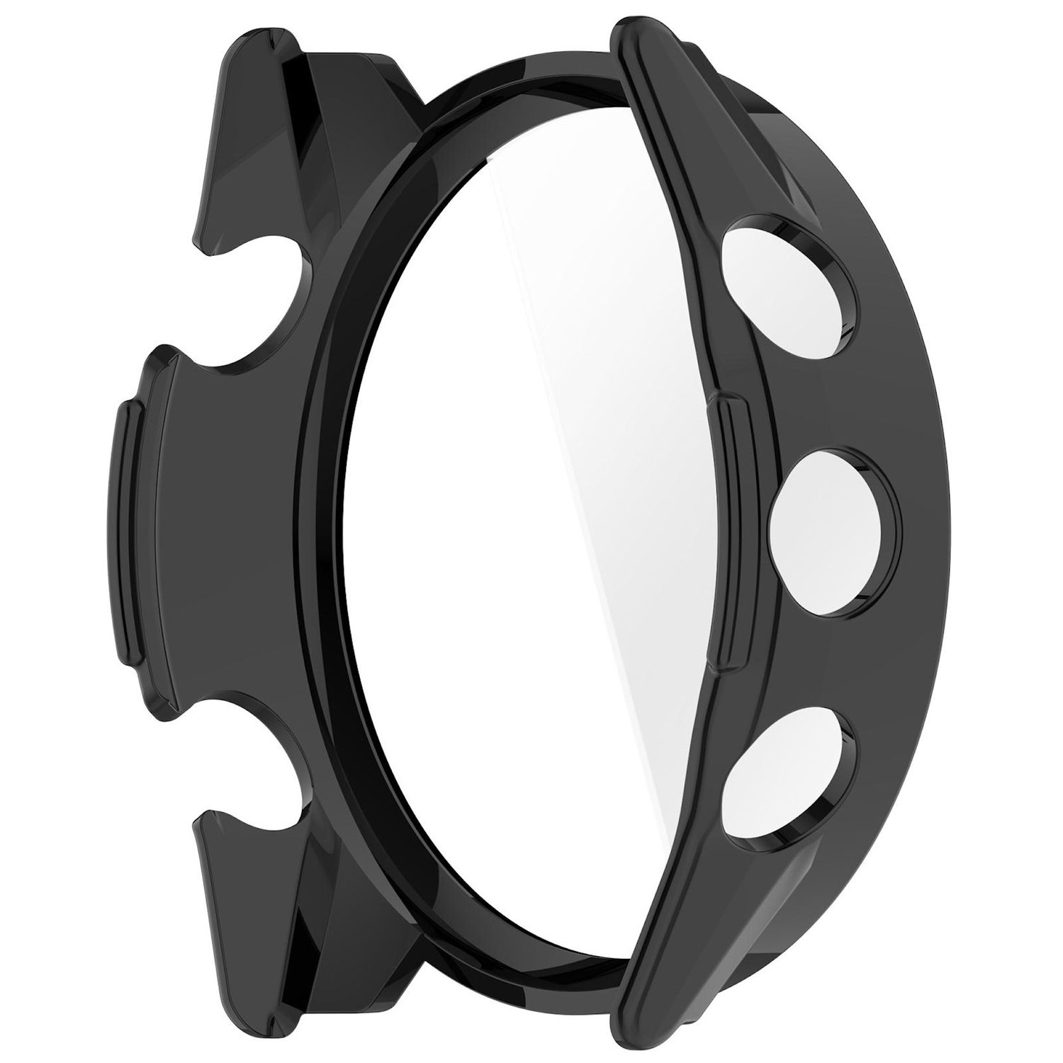 Schwarzes Uhrengehäuse mit klarer Displayschutzfolie. Es hat eine runde Form mit drei Löchern und einem einzigartigen Design.