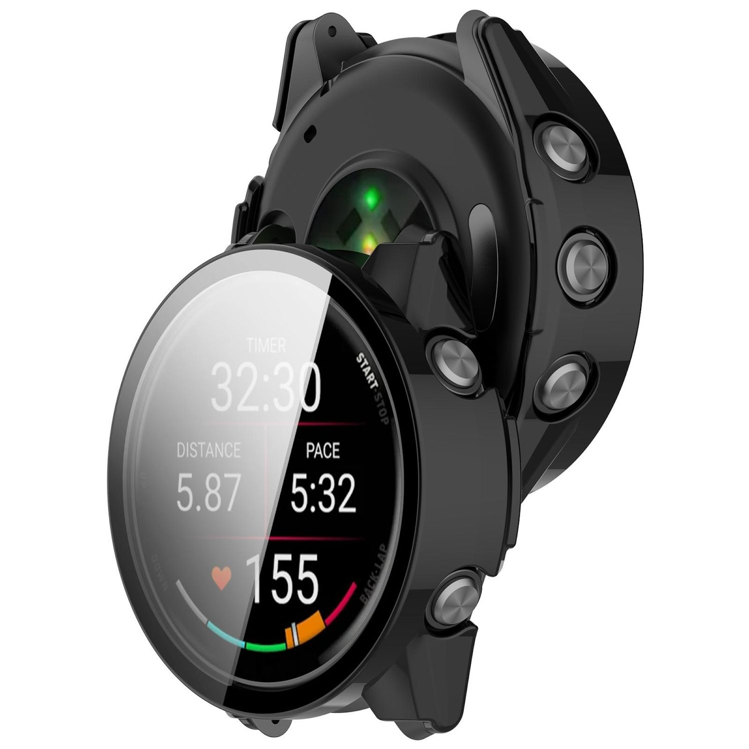Schwarze Smartwatch zeigt Timer, Distanz, Tempo und Herzfrequenz an. Knöpfe an der Seite. Grünes Licht hinten.