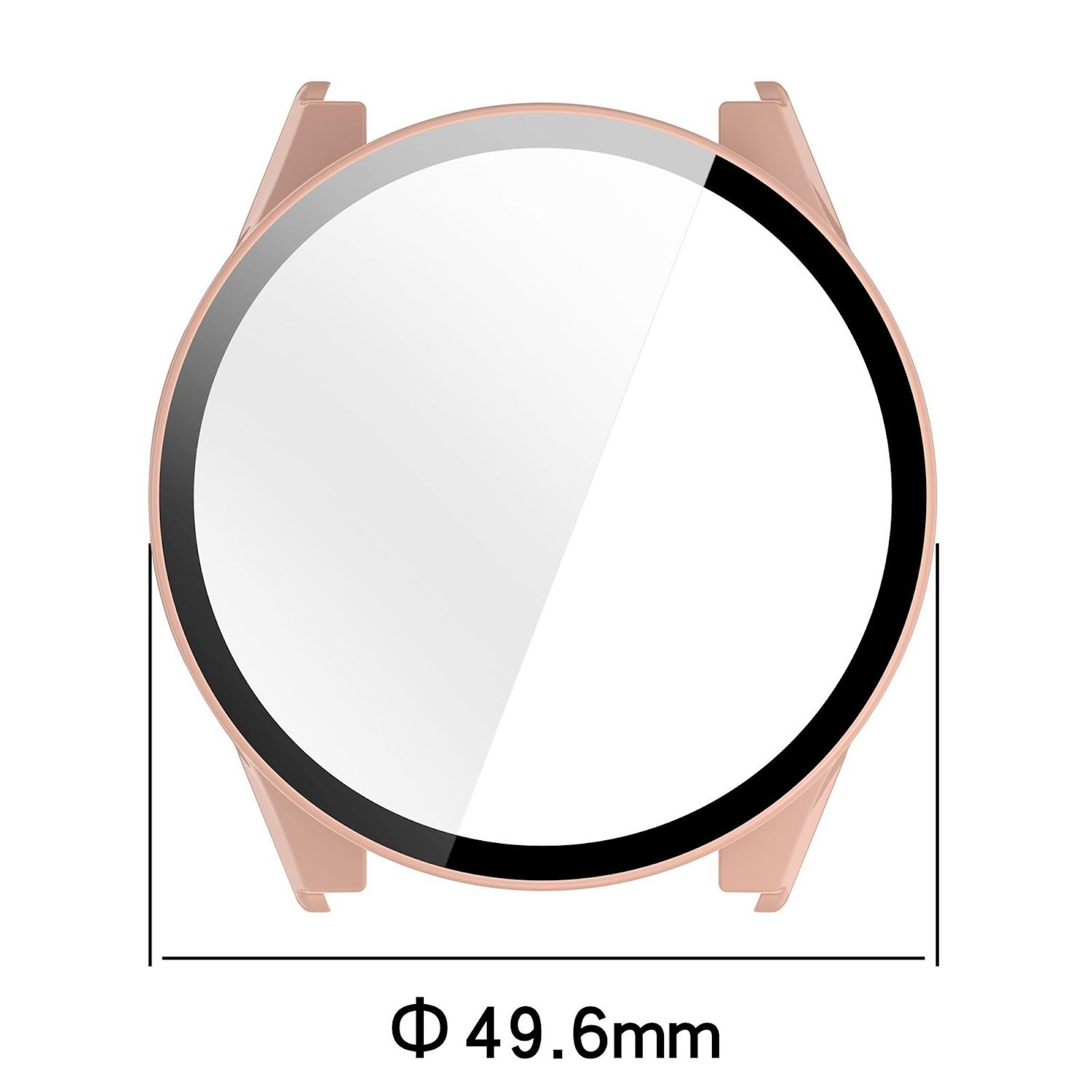 Ein roségoldener Displayschutz für eine Smartwatch. Der Schutz hat einen schwarzen Rand und einen weißen Bildschirm. Der Durchmesser beträgt 49,6 mm.