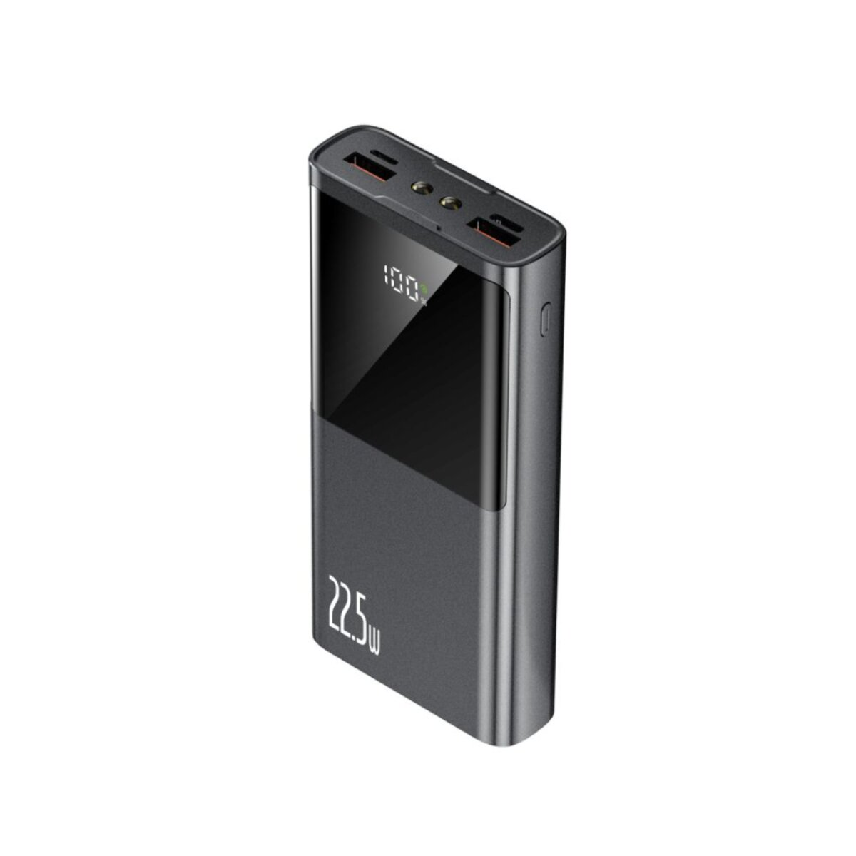 Une batterie externe gris foncé avec un écran numérique affichant 100%. Le bas indique 22,5W. Elle a des ports USB en haut.