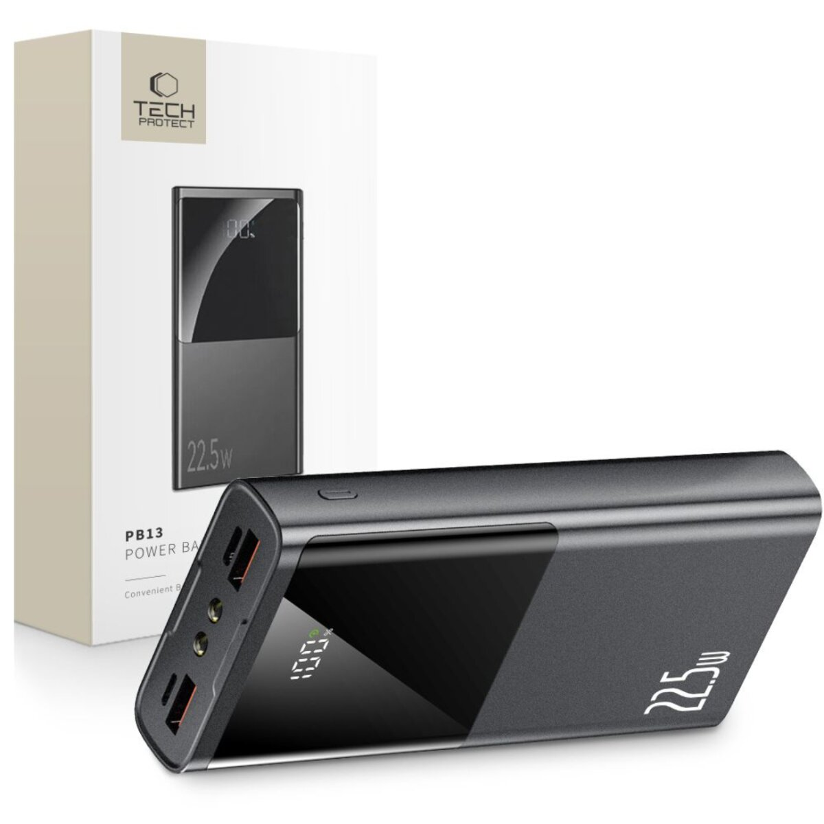 Une batterie externe gris foncé avec un affichage numérique indiquant le pourcentage et la puissance. Une boîte blanche avec le même produit en arrière-plan.
