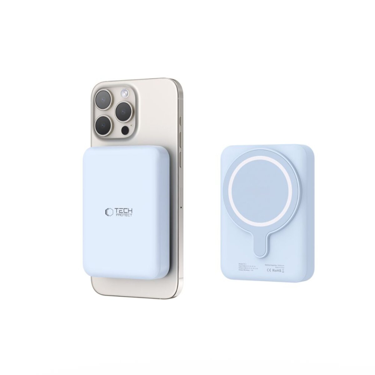 Un téléphone avec une batterie externe bleu clair attachée et une autre batterie externe sur le côté, les deux avec des détails blancs.