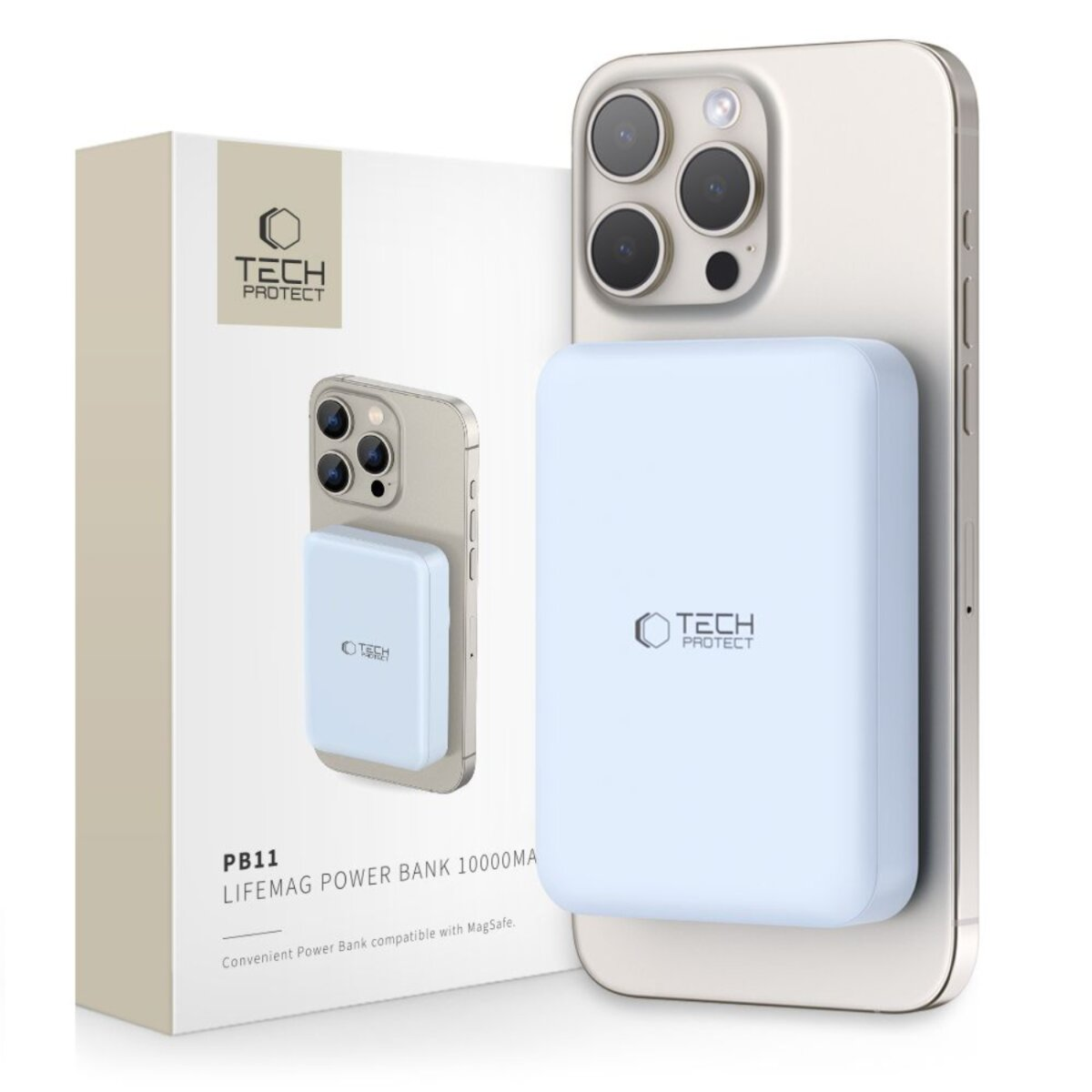 Un téléphone avec une batterie externe Tech Protect bleu clair attachée. Une boîte est à côté du téléphone. La batterie externe a le logo Tech Protect.