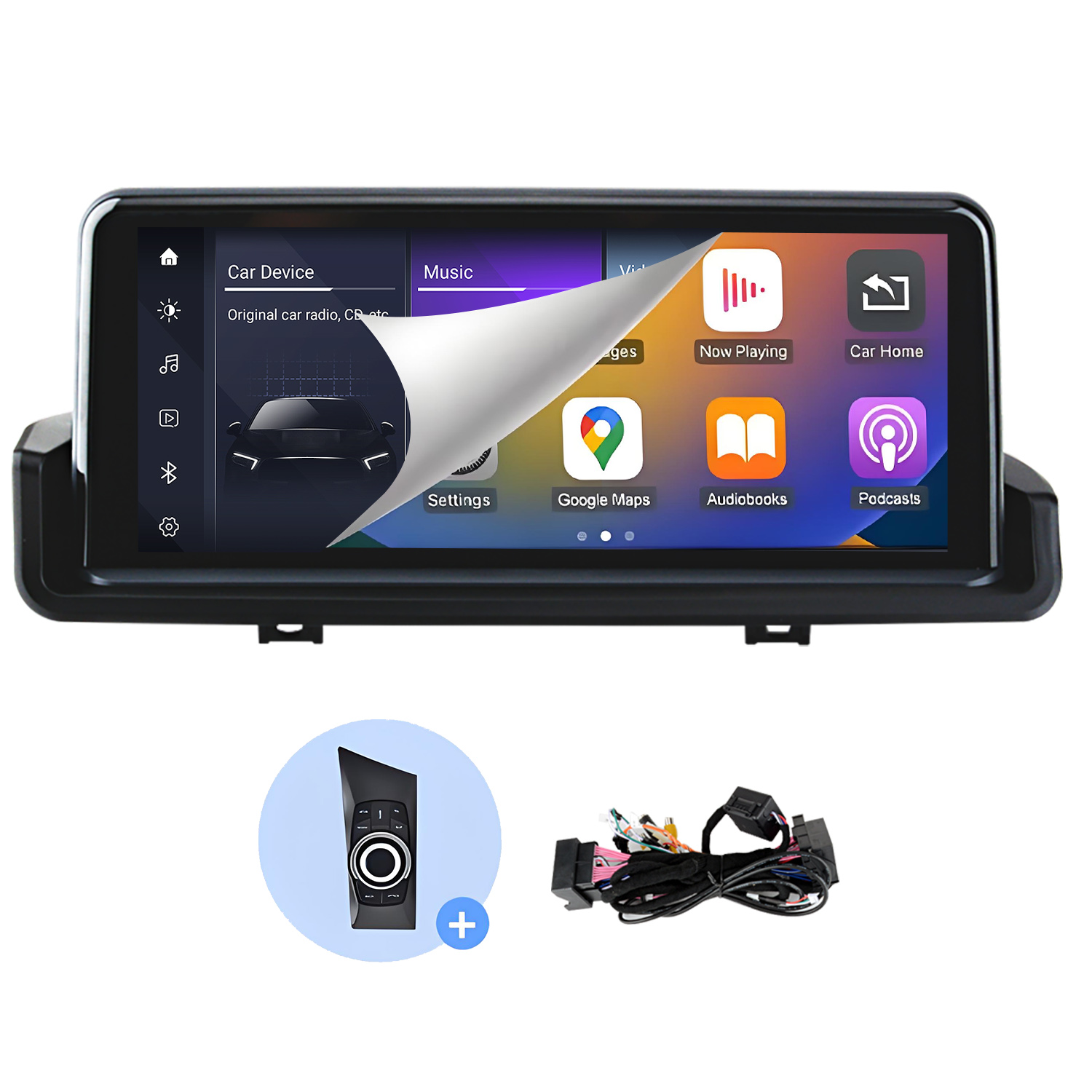 Auto-Multimedia-System mit Bildschirm, der App-Symbole, eine Fernbedienung und Kabel anzeigt. Der Bildschirm zeigt ein Autosymbol.