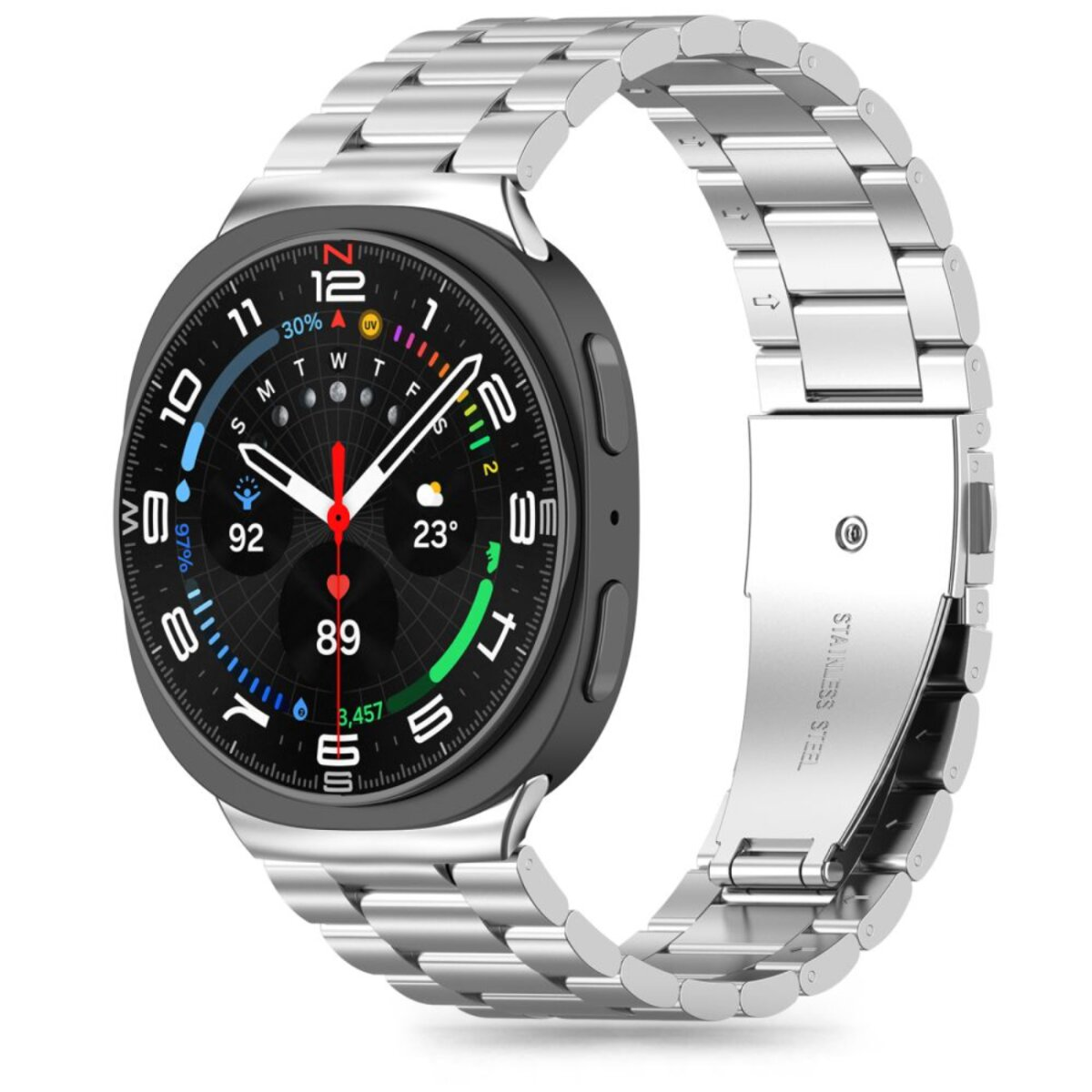 Een zilveren smartwatch met een zwarte wijzerplaat en roestvrijstalen band. Geeft tijd, gezondheidsgegevens en weerinformatie weer. De band is open.