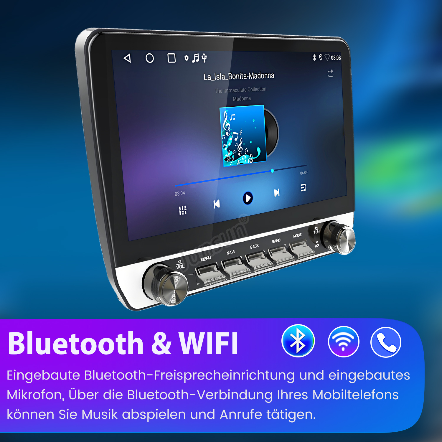 Autoradio spielt Musik mit Madonna-Albumcover auf dem Bildschirm. Hat Bluetooth- und WLAN-Symbole.