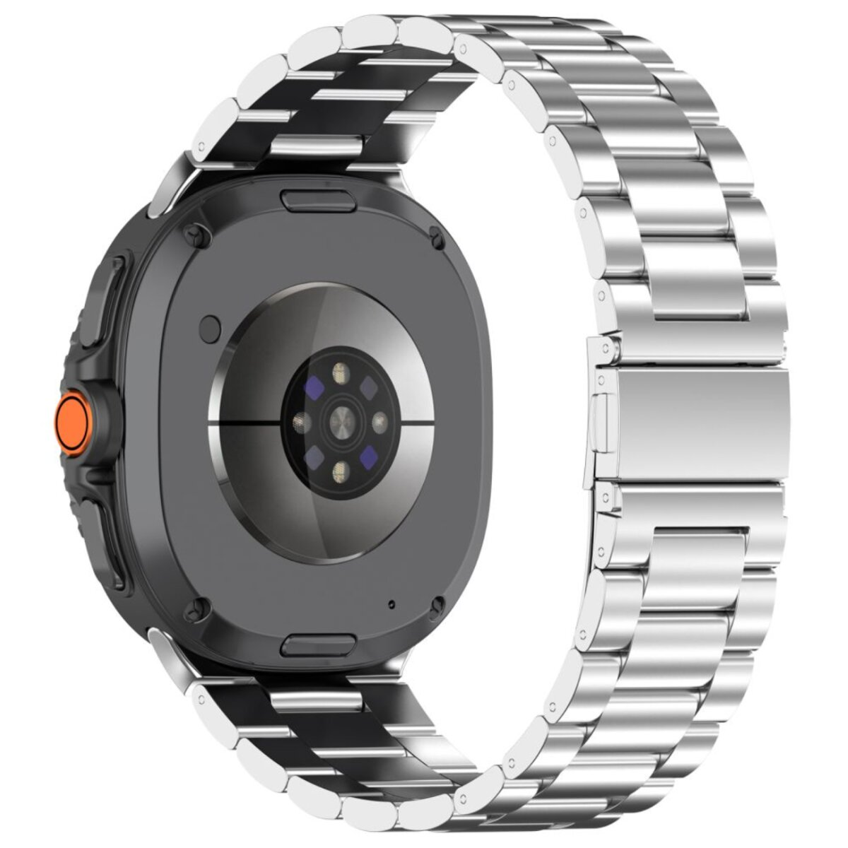 Een zwarte smartwatch met een zilveren metalen band. De achterkant toont de sensoren. Een oranje knop is zichtbaar.