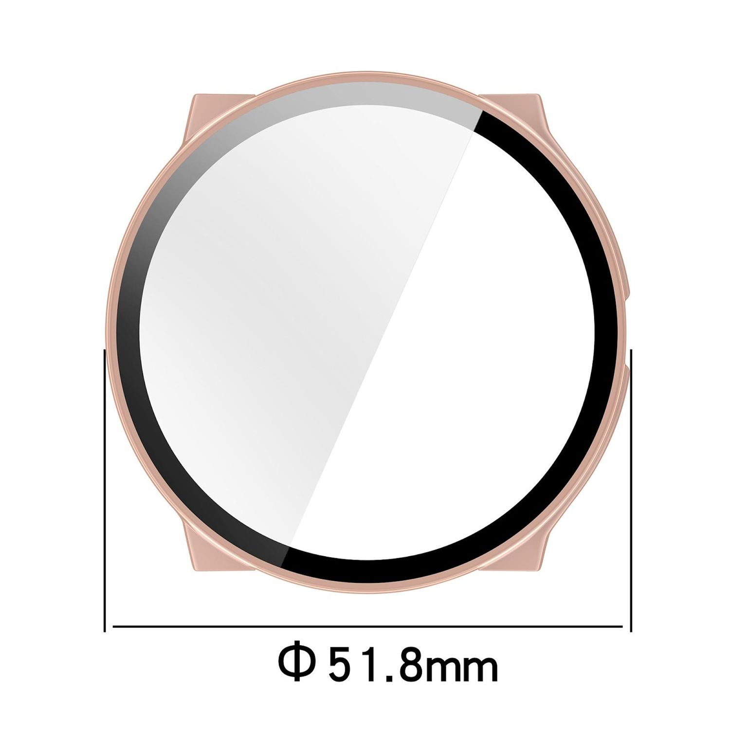 Un proteggi schermo per quadrante orologio oro rosa con schermo in vetro trasparente. Testo: 'Φ 51,8 mm'.