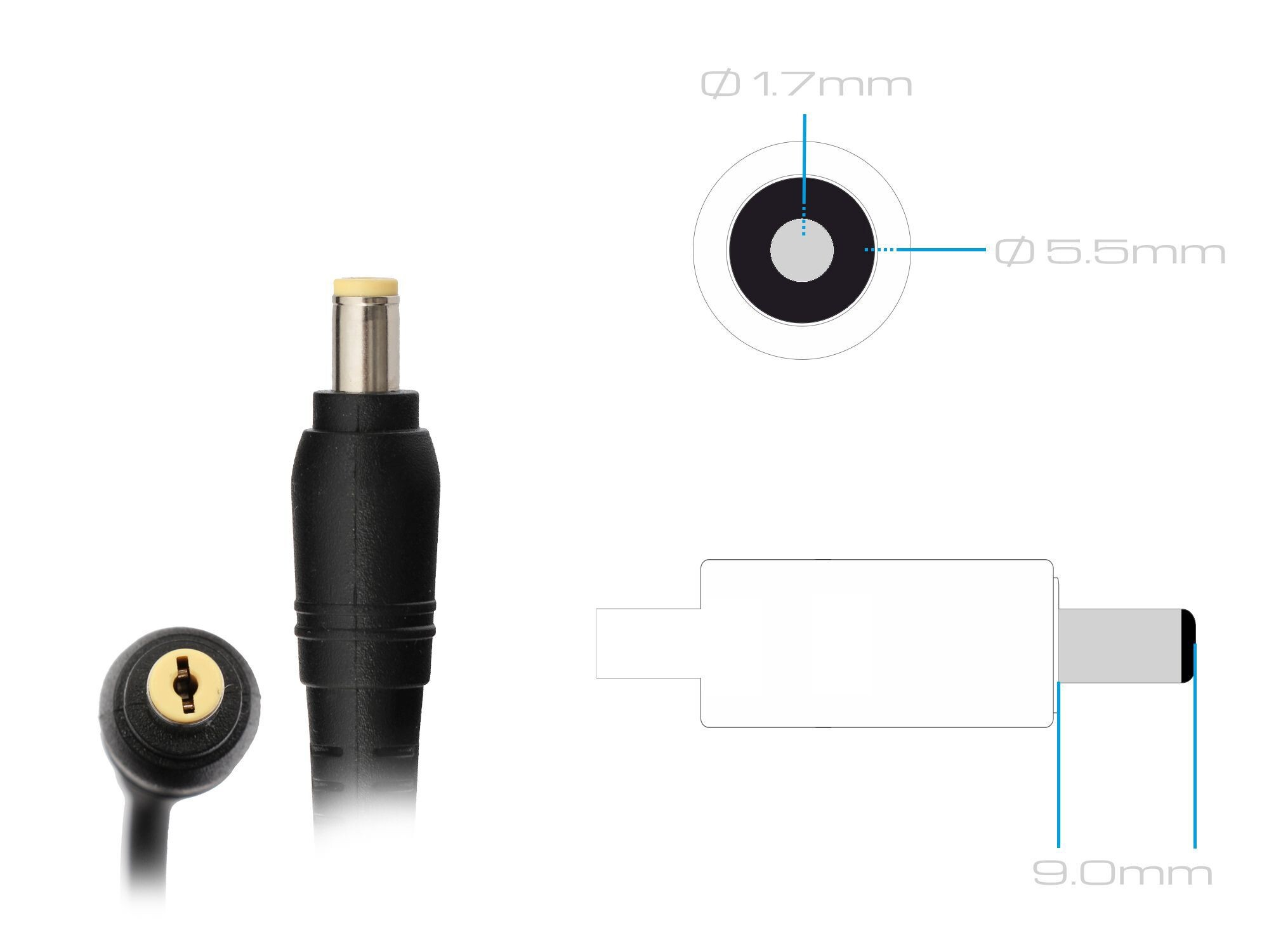 Diagramm eines Netzadapters mit Maßen. Zeigt den Stecker und den Hohlstecker mit ihren Abmessungen.
