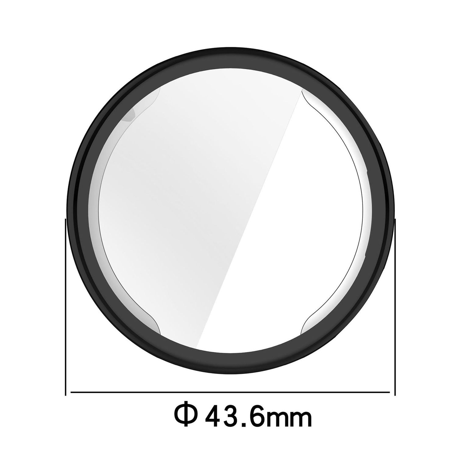 Un filtro per lenti circolare con montatura nera e centro in vetro trasparente. Il diametro è di 43,6 mm.